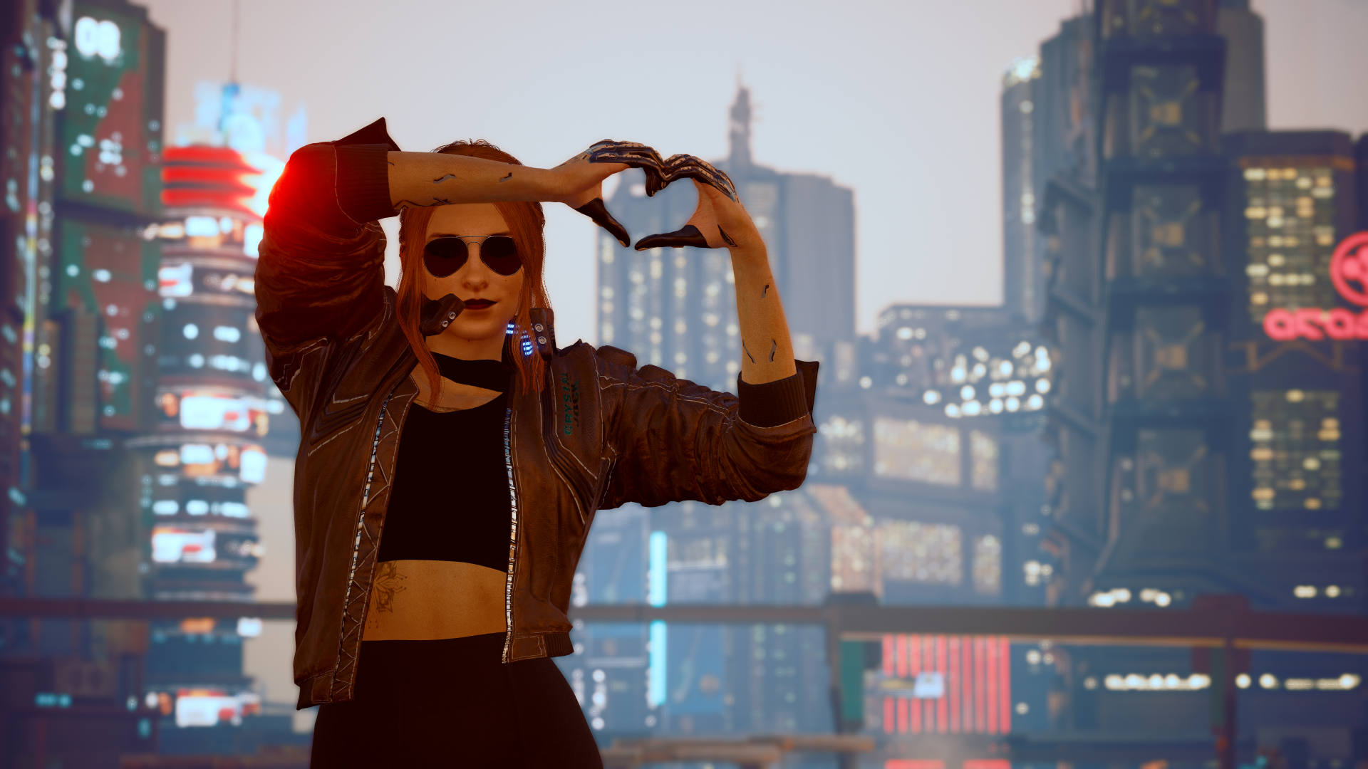 General 1920x1080 cyberpunk Cyberpunk 2077 heart tattoo black top tank top samurai sunglasses futuristic city wide screen video game girls V (Cyberpunk 2077) video game characters CD Projekt RED