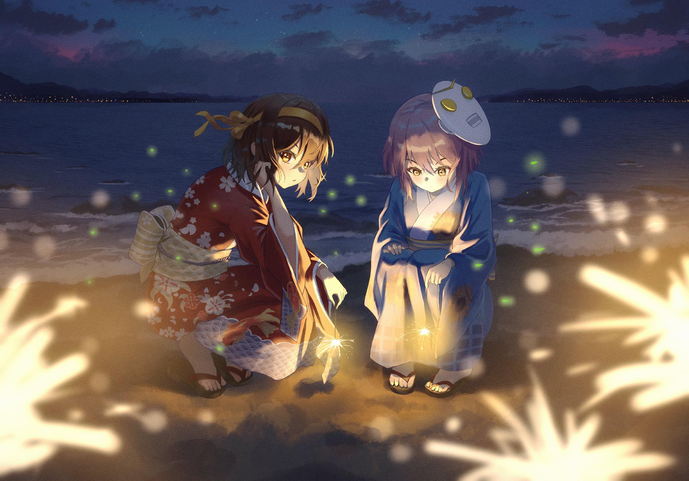 Anime 2418x1690 Suzumiya Haruhi Nagato Yuki The Melancholy of Haruhi Suzumiya anime girls yukata fireworks