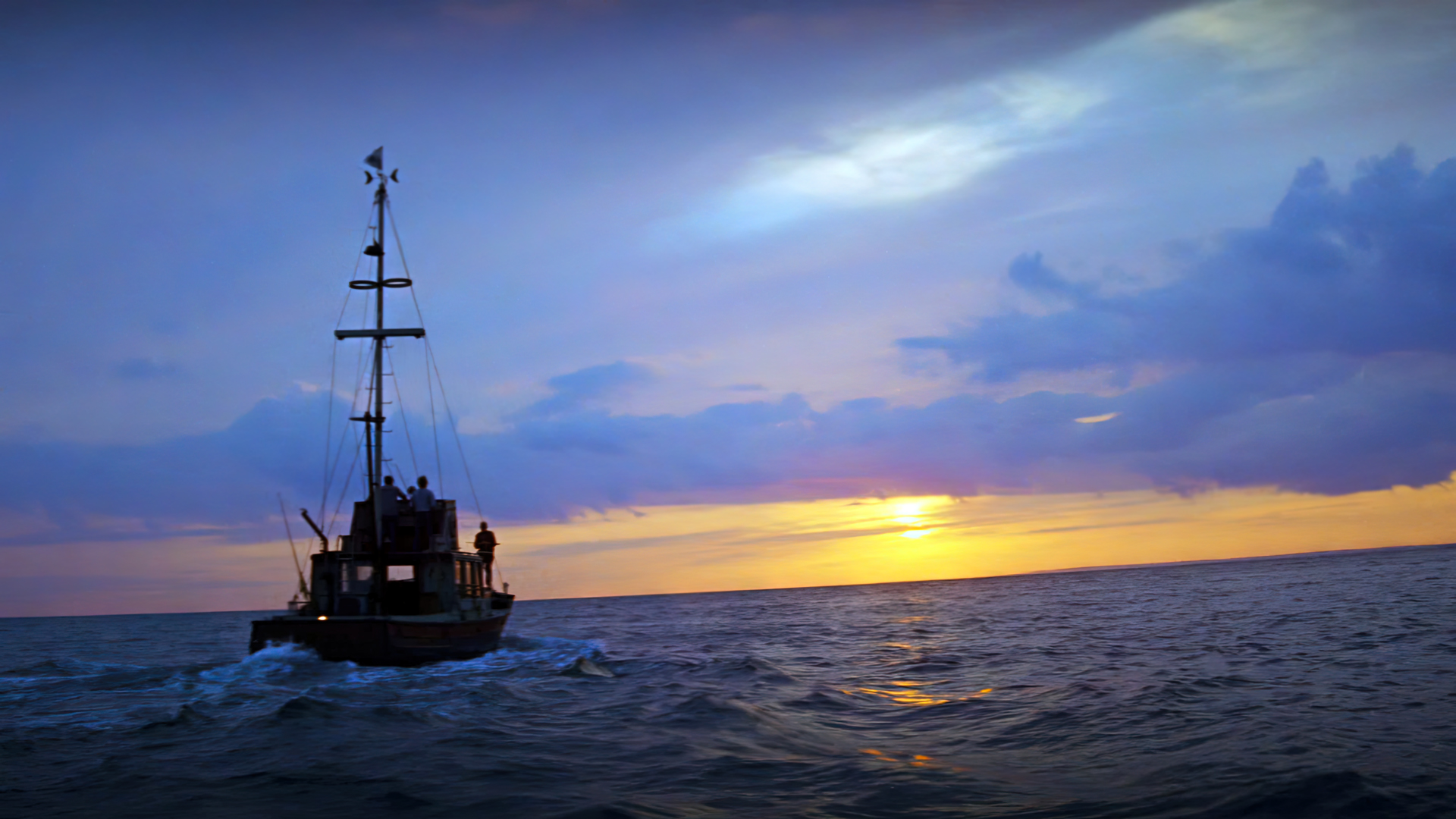 General 1920x1080 Jaws movies film stills sea Steven Spielberg boat water sunset clouds sky