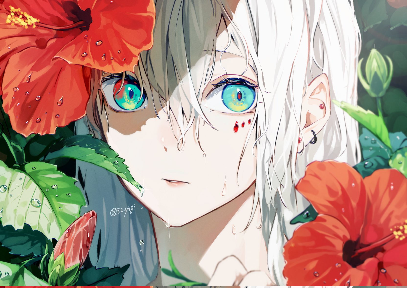 Anime 1663x1176 anime girls blue eyes flowers hibiscus white hair long hair looking at viewer face leaves water drops watermarked earring wet sunlight