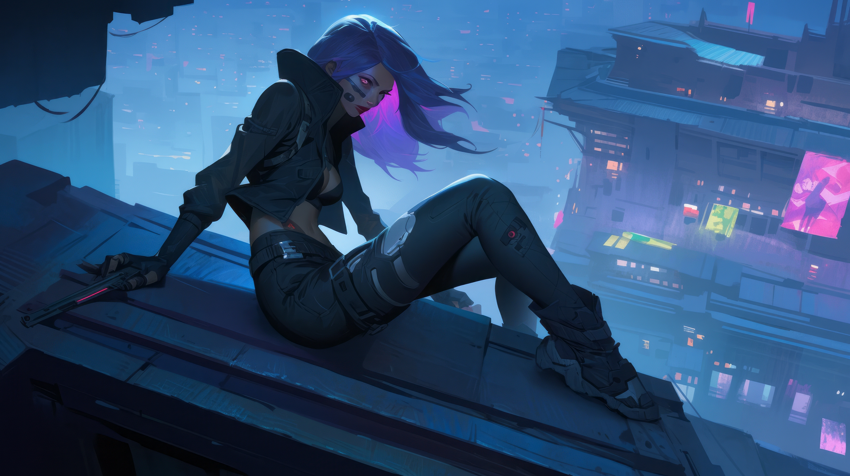 Anime 2912x1632 AI art women cyberpunk rooftops assassins  looking at viewer neon city long hair hair blowing in the wind