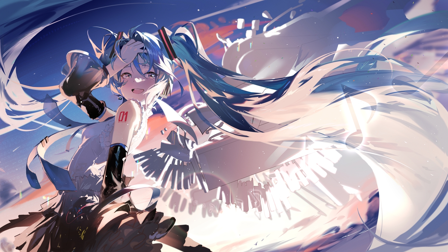 Anime 1500x844 Hatsune Miku anime Vocaloid anime girls twintails wings looking at viewer sky blue hair blue eyes long hair
