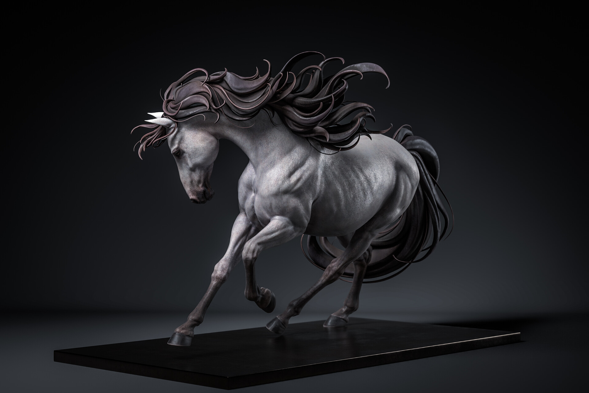 General 1920x1280 Michael Mao CGI horse manes running monochrome animals digital art simple background minimalism long hair