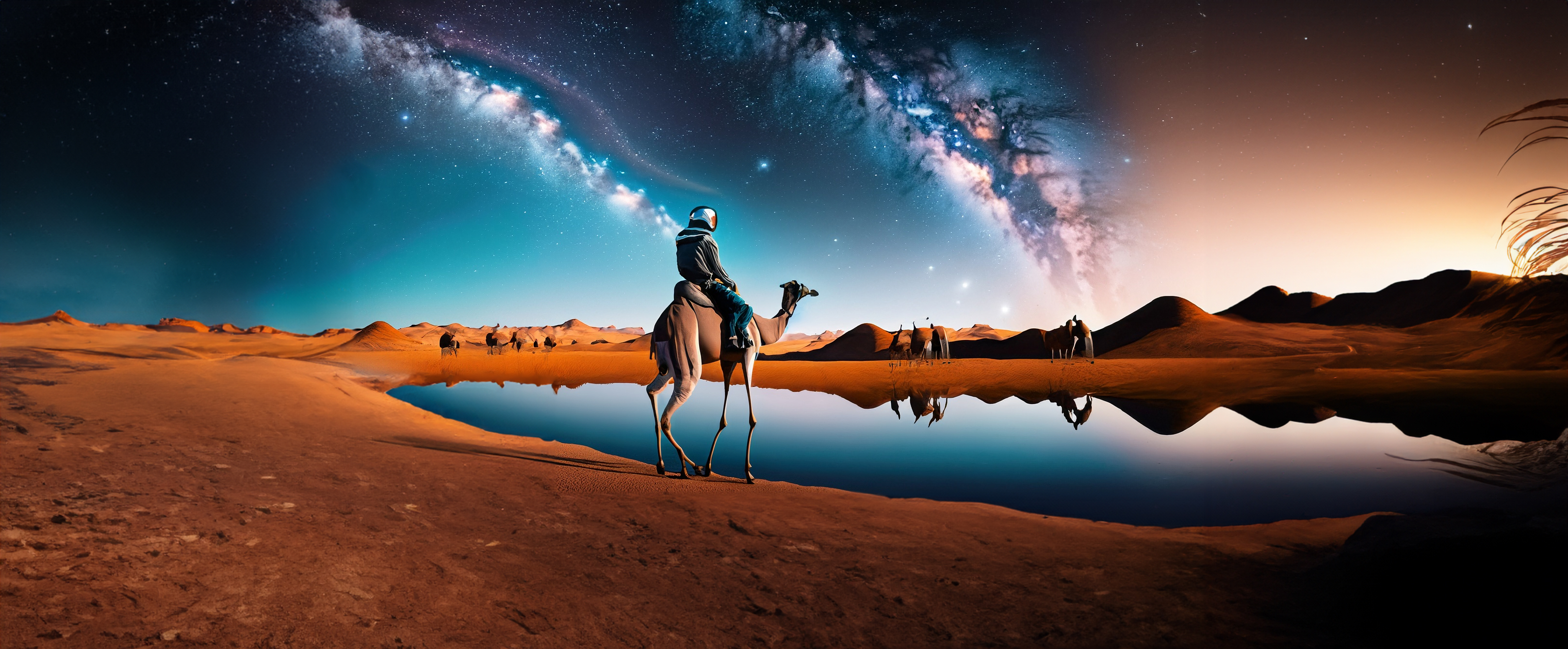 General 3232x1338 digital art space desert lake AI art water sky stars animals