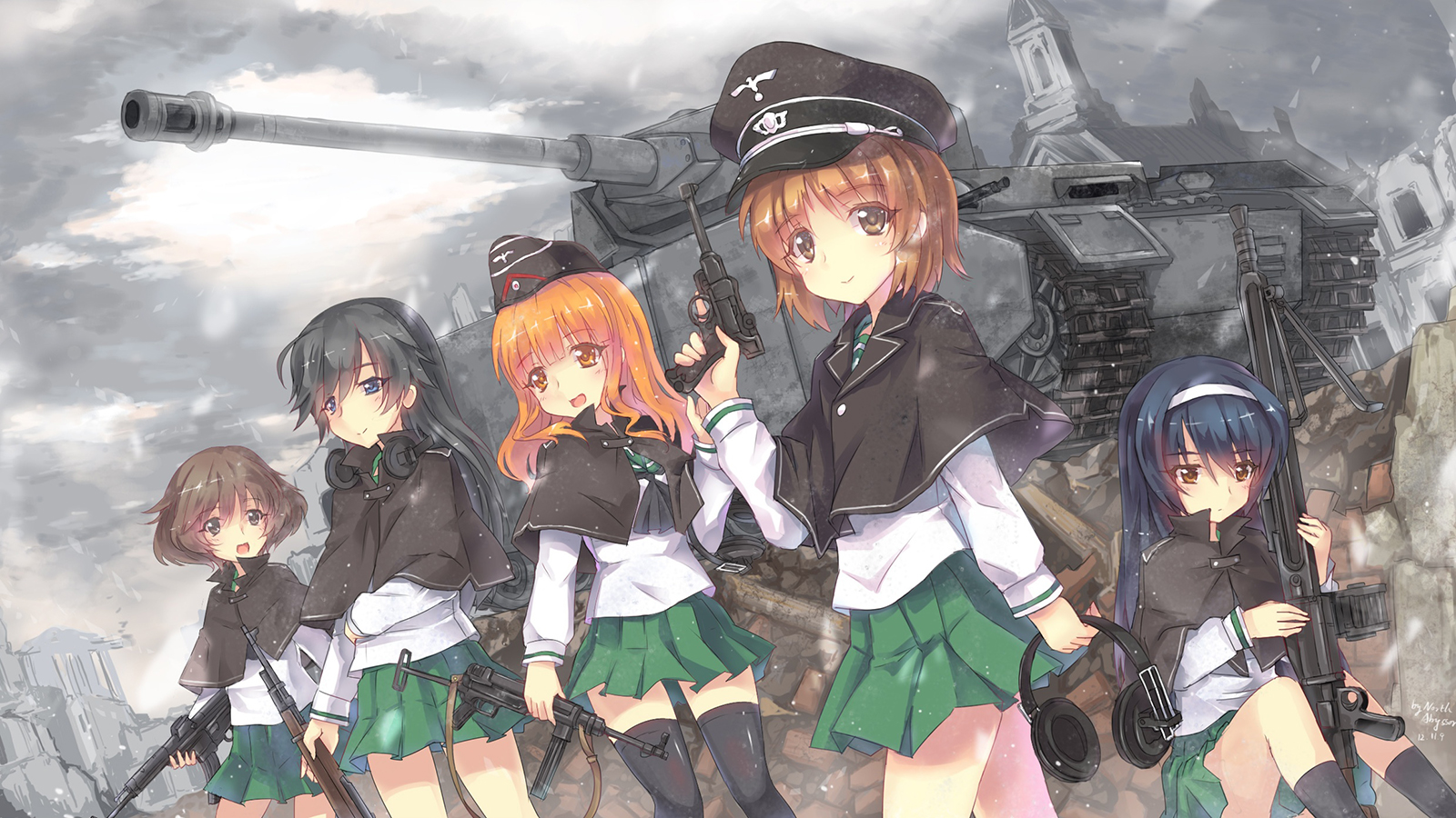 Anime 1600x900 Girls und Panzer Akiyama Yukari hat uniform anime girls tank clouds gun girls with guns skirt headphones Panzer IV Reizei Mako Nishizumi Miho Isuzu Hana Takebe Saori anime