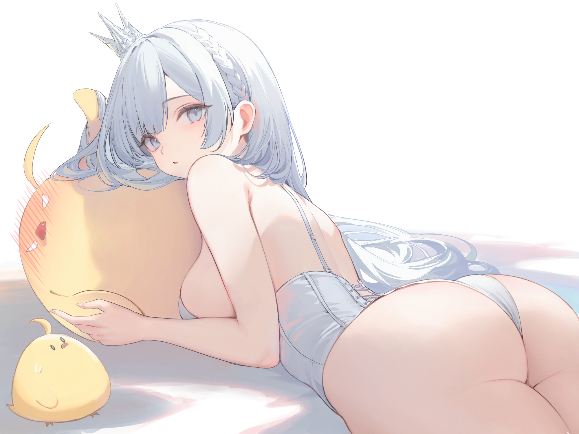 Anime 2000x1500 anime anime girls lying on front ass sideboob big boobs looking at viewer long hair crown creature silver hair silver eyes white background simple background minimalism