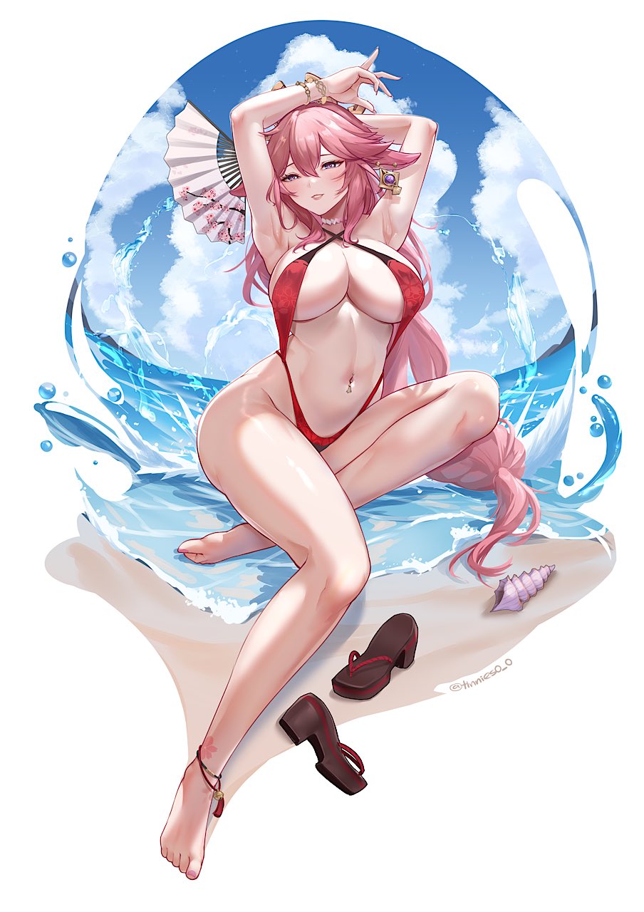 Anime 904x1280 Genshin Impact fox girl Yae Miko (Genshin Impact) anime girls portrait display looking at viewer armpits big boobs cleavage beach one-piece swimsuit red swimsuit swimwear bare shoulders fans belly belly button long hair pink hair sandals seashells sea hair ornament purple eyes Slingshot water drops braids animal ears fox ears simple background legs white background thighs minimalism blushing barefoot clouds tinnies choker anklet smiling tattoo arms up folding fan bracelets feet arm(s) behind head cumulus water sky
