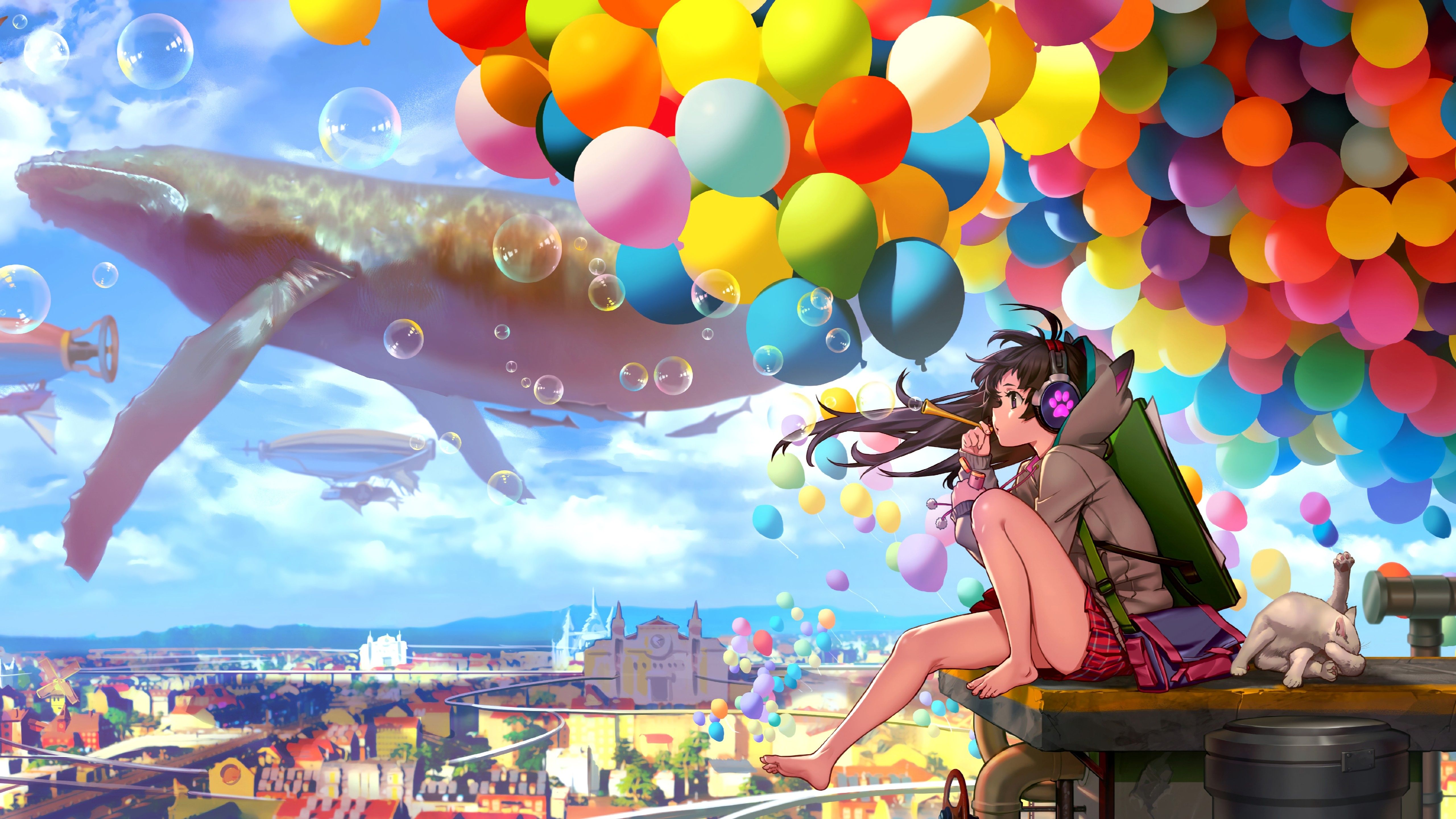 Anime 5120x2880 anime anime girls balloon bubbles sky clouds whale animals cats feet cityscape headphones hot air balloons long hair hair blowing in the wind