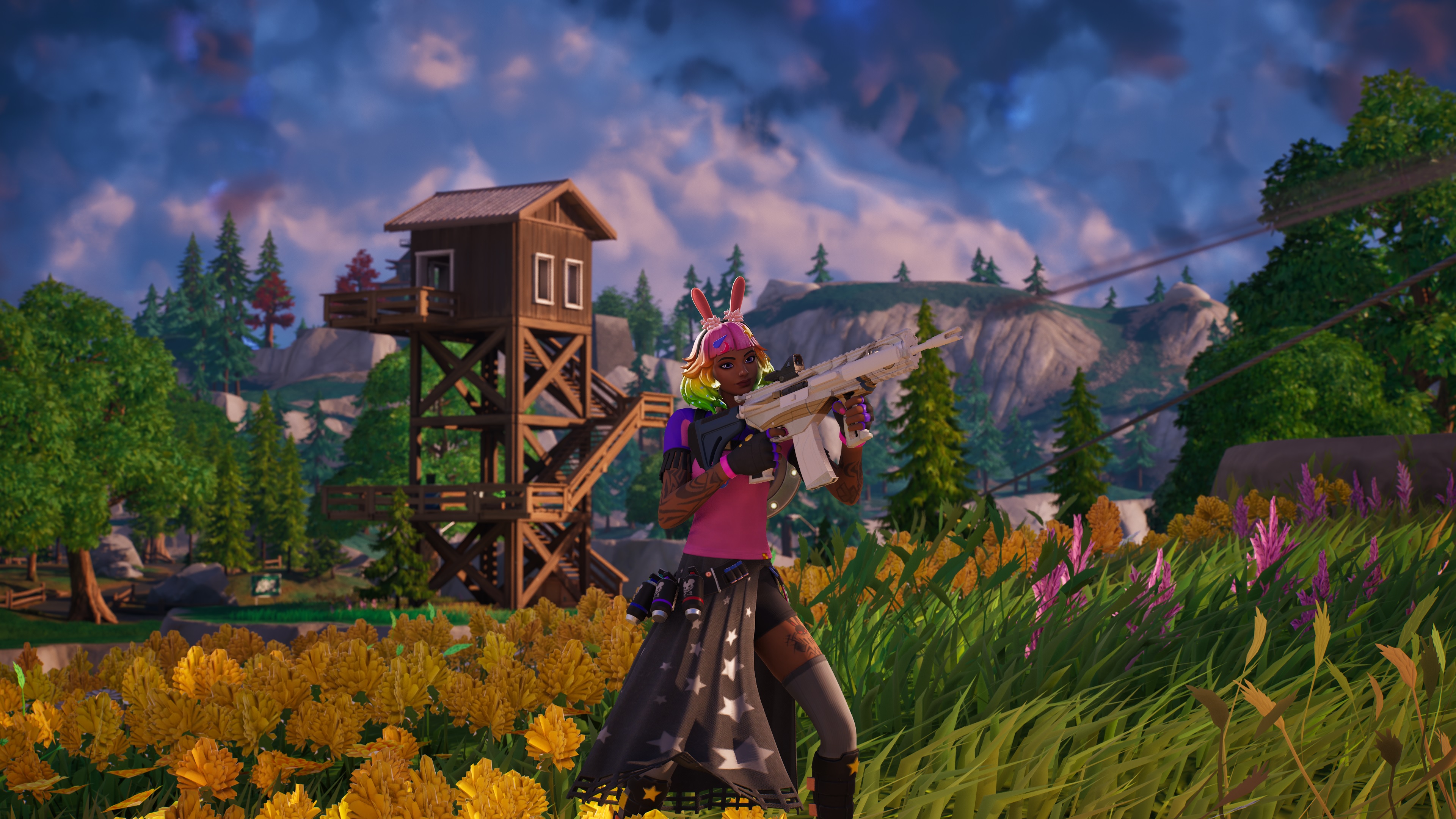 General 3840x2160 Fortnite video games screen shot CGI multi-colored hair gloves fingerless gloves bunny ears weapon sky clouds flowers tattoo smiling video game characters gun girls with guns trees