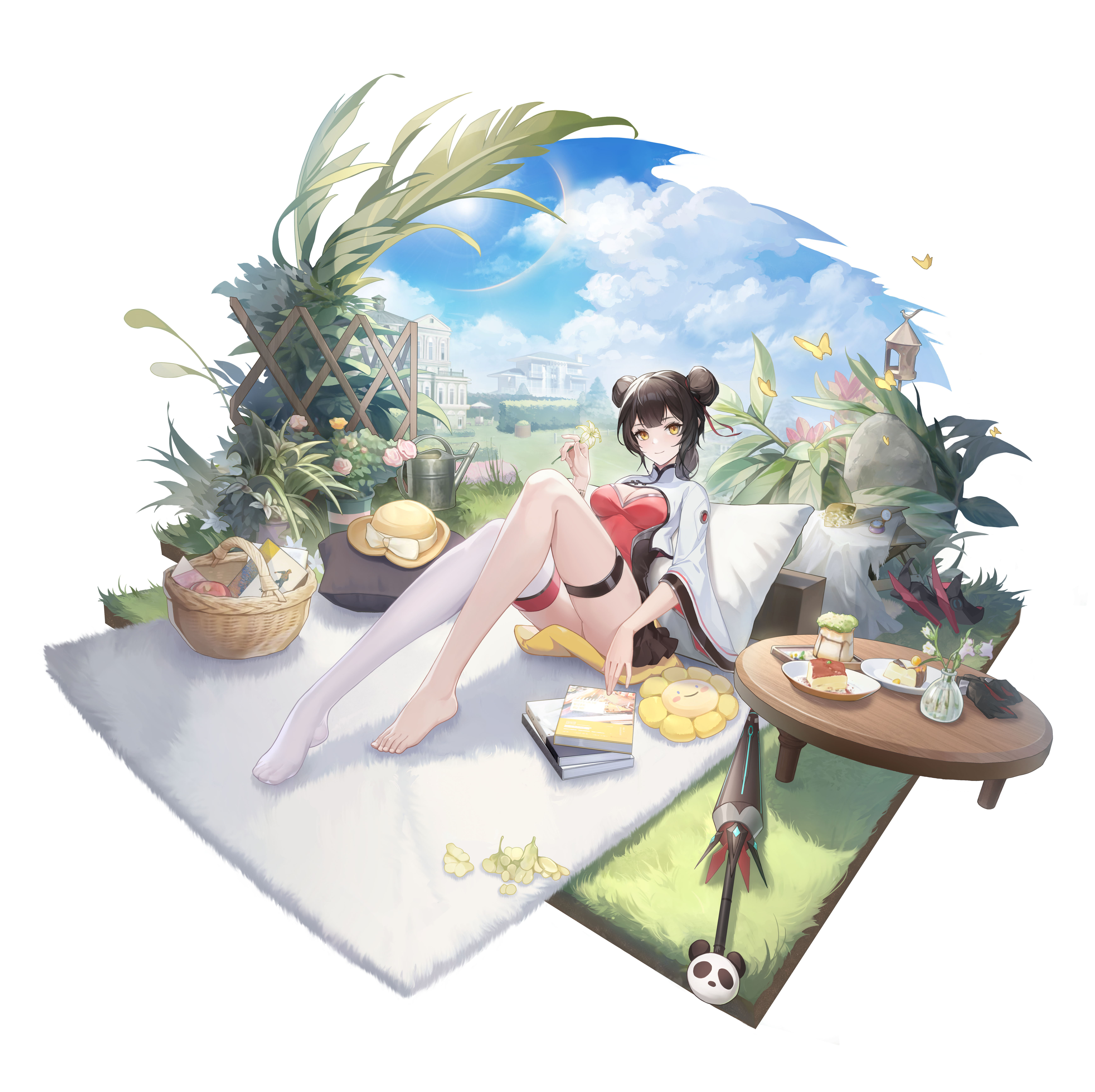 Anime 6955x6936 CODE: SEED - A Song of Spark Fei Hung Wong (Code: Seed) lying down hairbun odango picnic basket anime girls stockings lying on back flowers food simple background sky white background feet looking at viewer grass dress missing stocking red dress big boobs cleavage cutout books thigh strap plants leaves orange eyes black hair watering can clouds straw hat cake barefoot smiling blushing butterfly pillow Huanglongen sunlight toes thighs legs