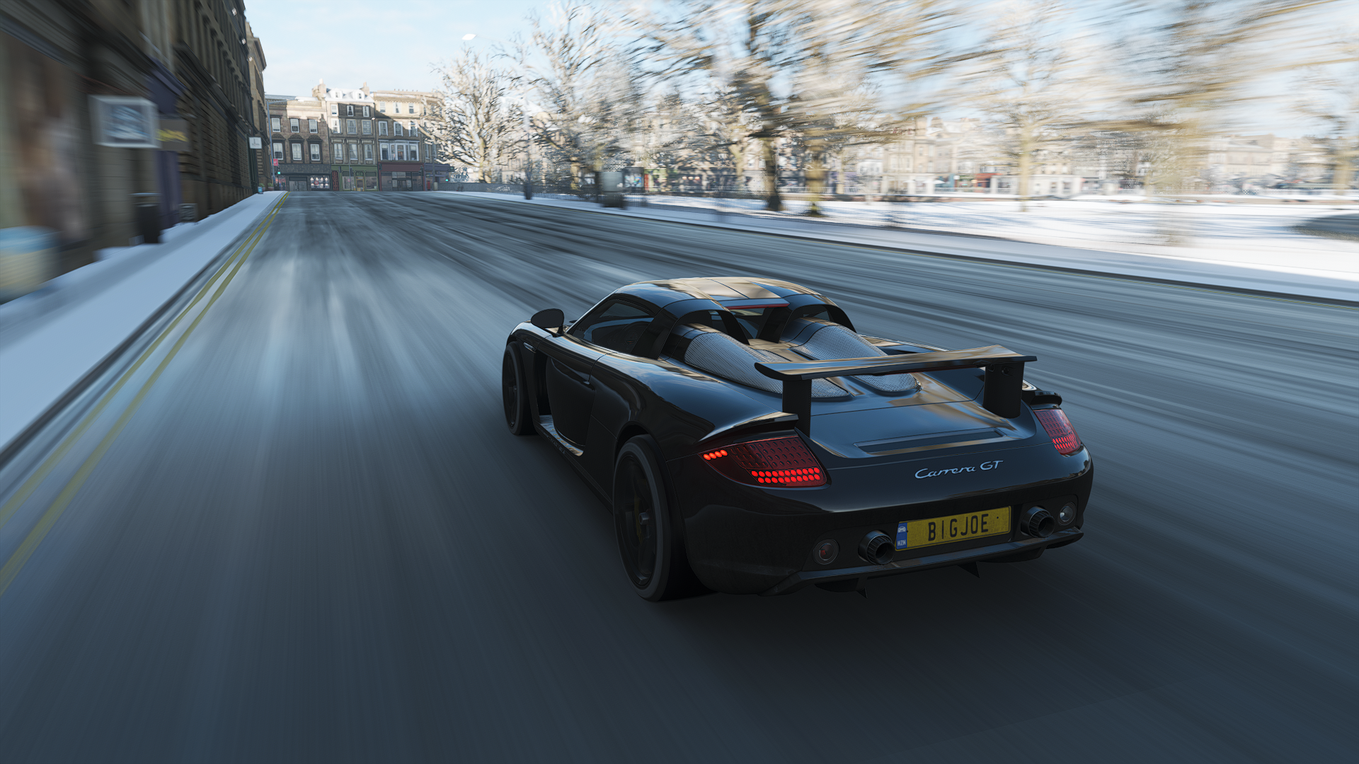 General 1920x1080 Forza Forza Horizon Forza Horizon 4 racing car CGI Porsche Carrera GT video games road rear view taillights licence plates snow blurred blurry background trees