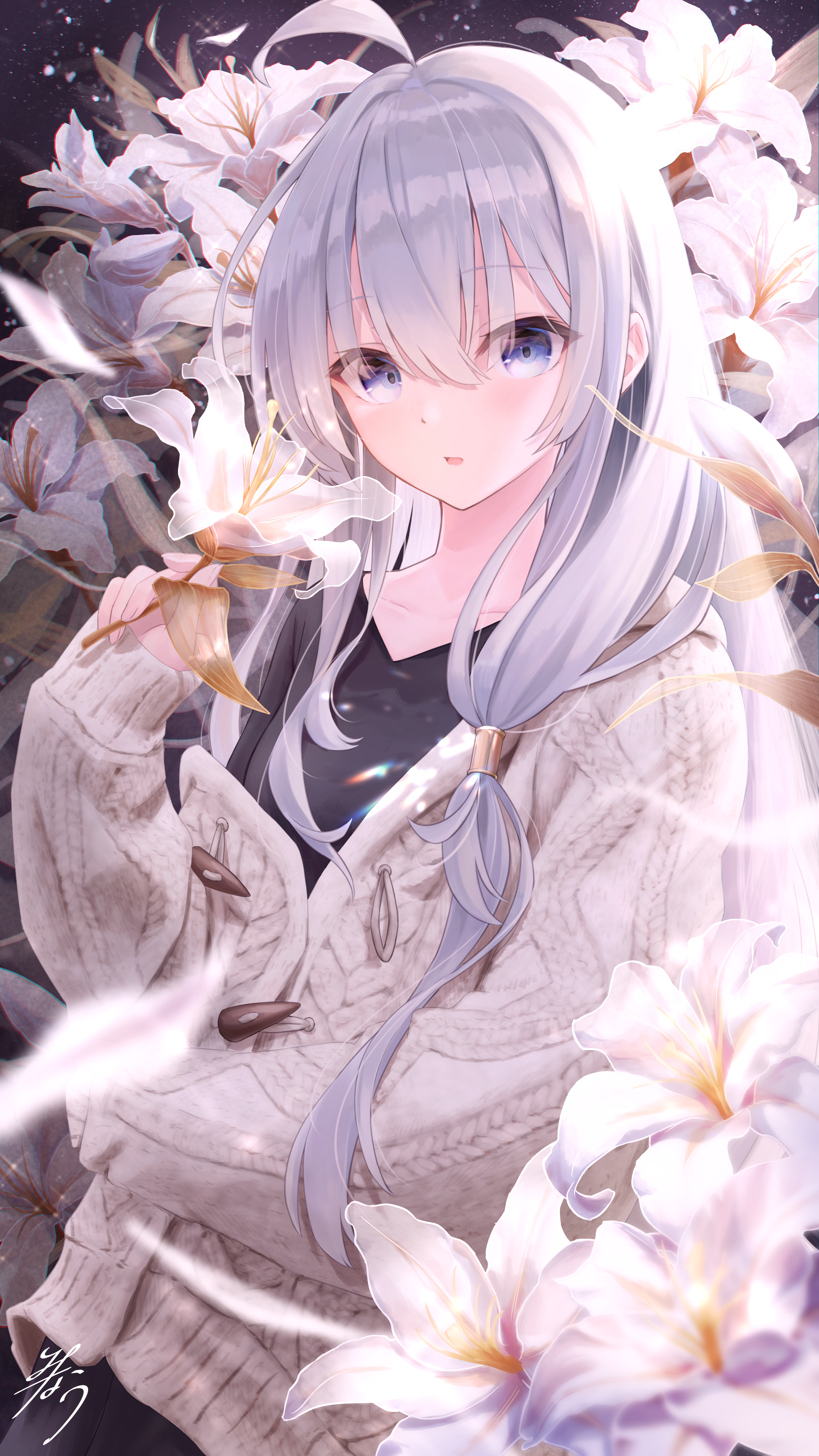Anime 2250x4000 anime anime girls flowers portrait display petals looking at viewer long hair white hair blue eyes