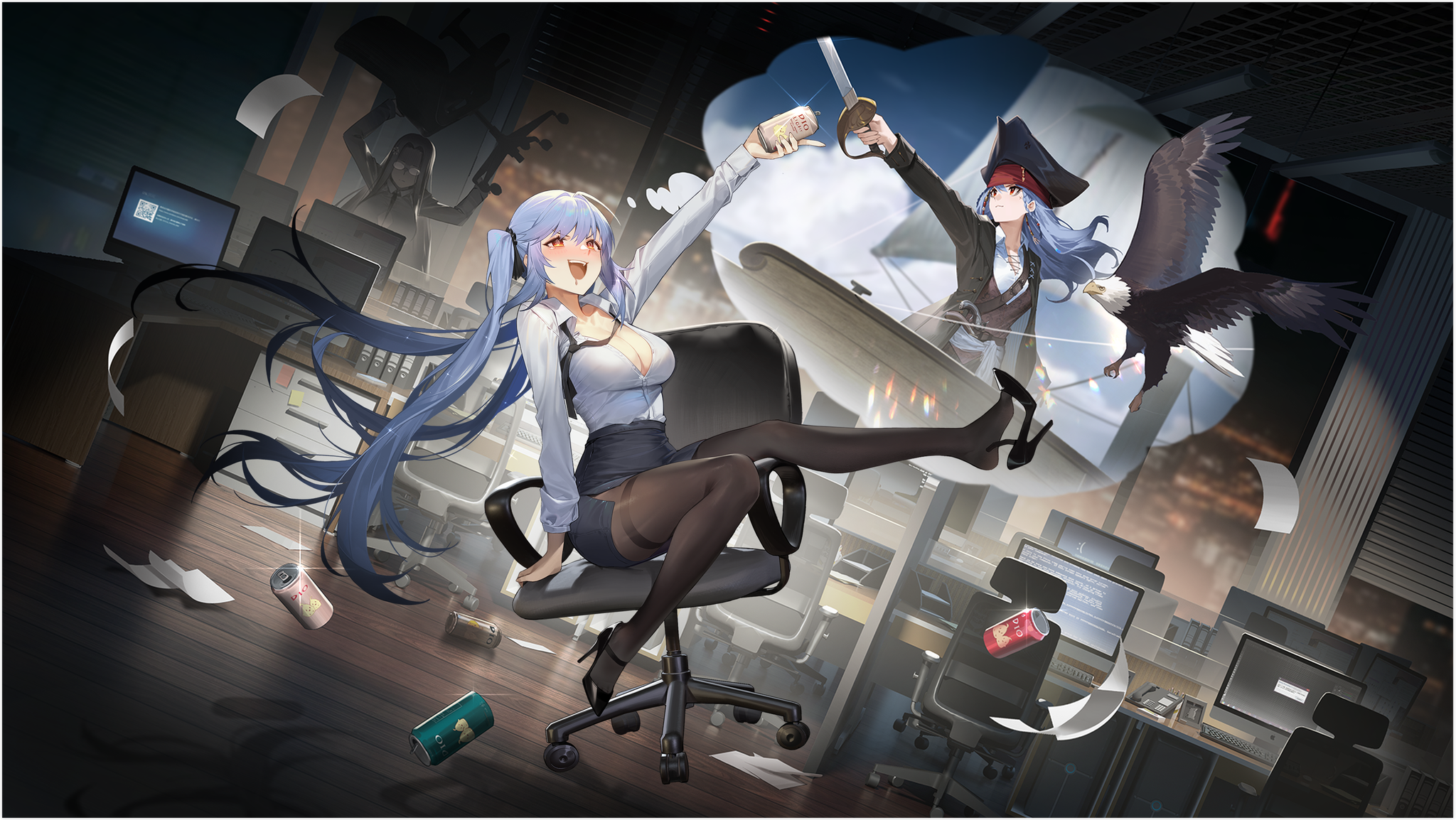 Anime 2048x1154 anime girls Azur Lane drunk office girl can computer beer alcohol falling pantyhose cleavage big boobs blushing long hair twintails open mouth shadow chair eagle animals pirate girl hat sword paper heels city lights window