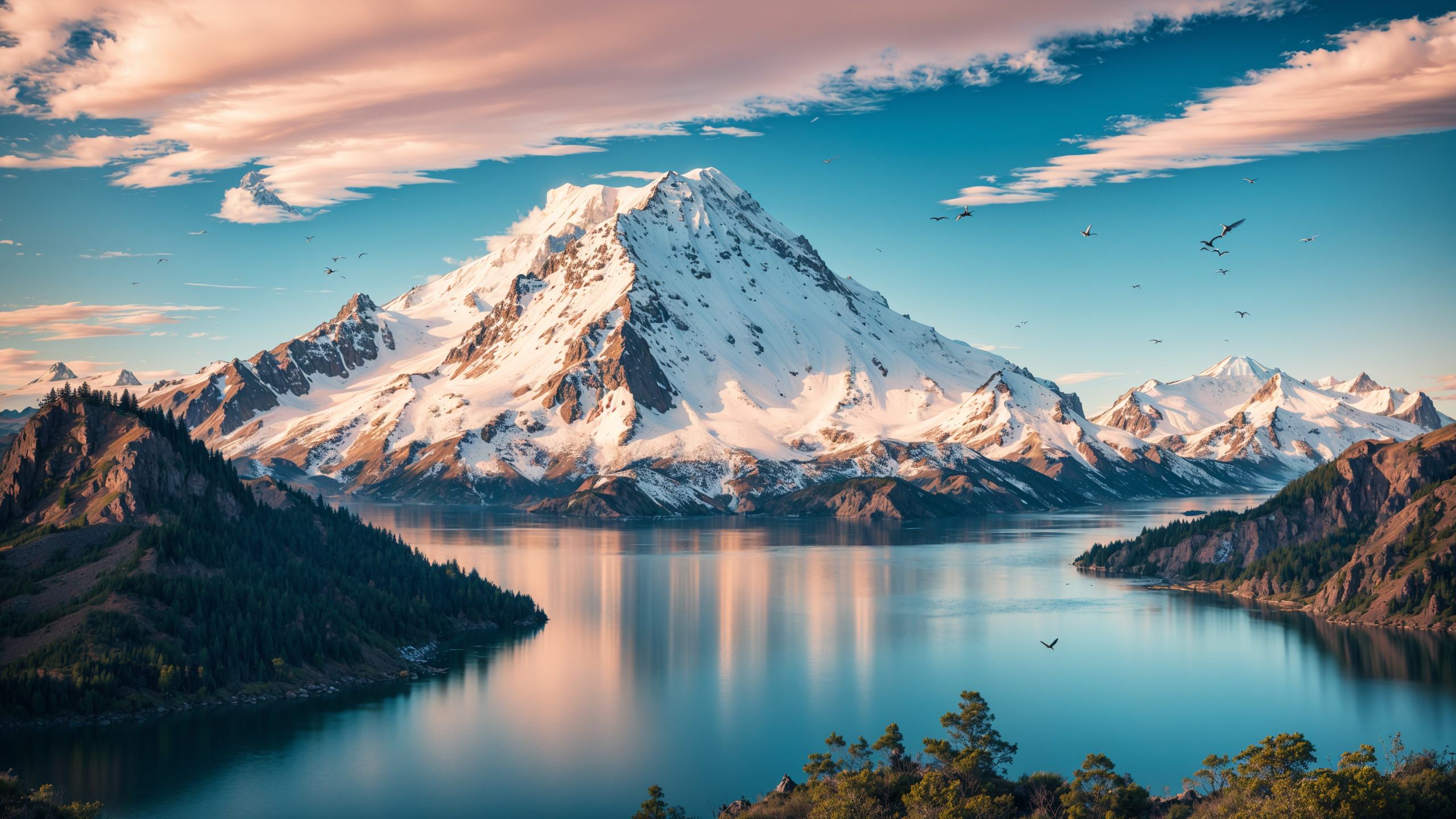 General 2560x1440 AI art landscape trees lake clouds mountains water sky environment sunrise snow reflection nature