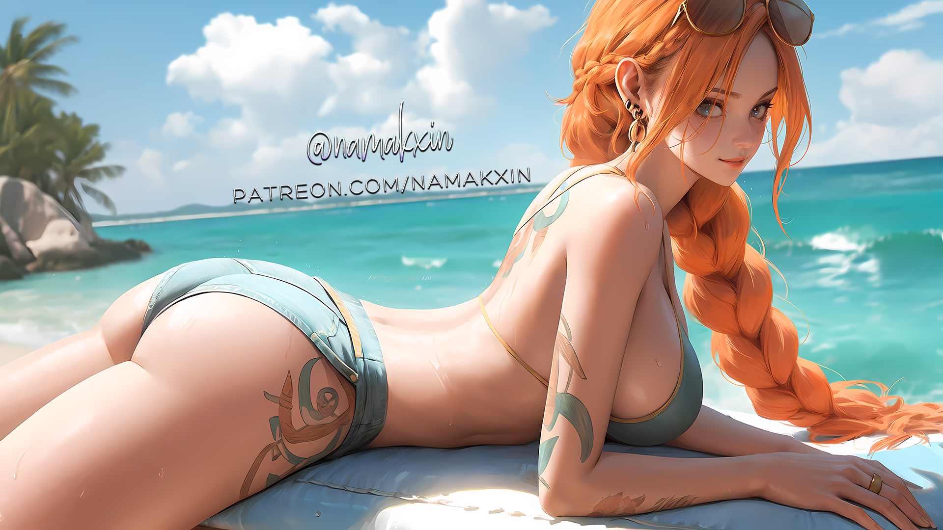 General 1920x1080 big boobs AI art redhead lying on front ass looking at viewer One Piece Nami braids sky clouds water watermarked earring long hair sunglasses bikini tattoo lying down rings