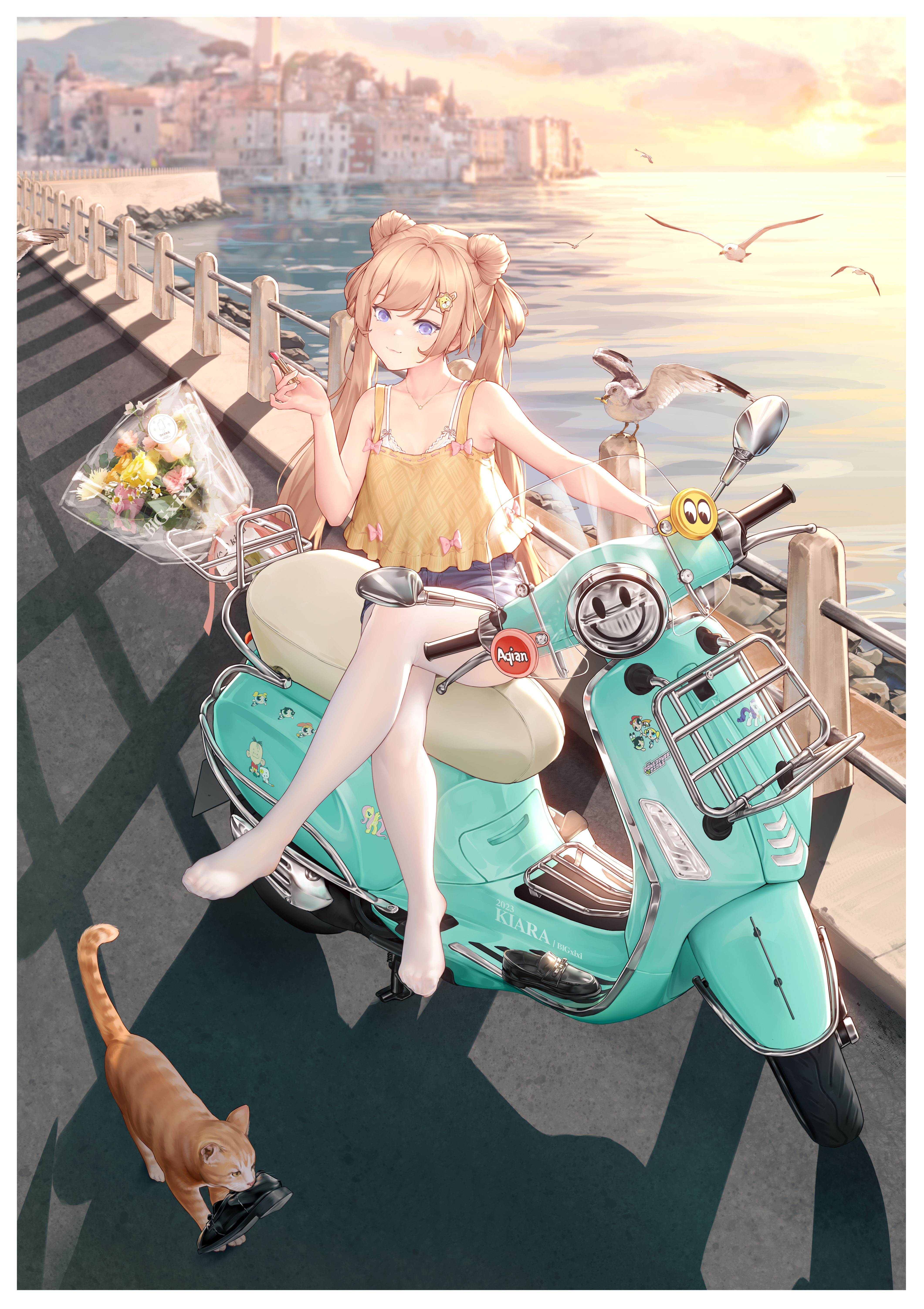 Anime 4242x6009 Pixiv anime portrait display anime girls vehicle flowers sunset sunset glow water city cats animals shoes legs crossed birds shadow hairbun clouds sky frontal view Bigxixi scooters