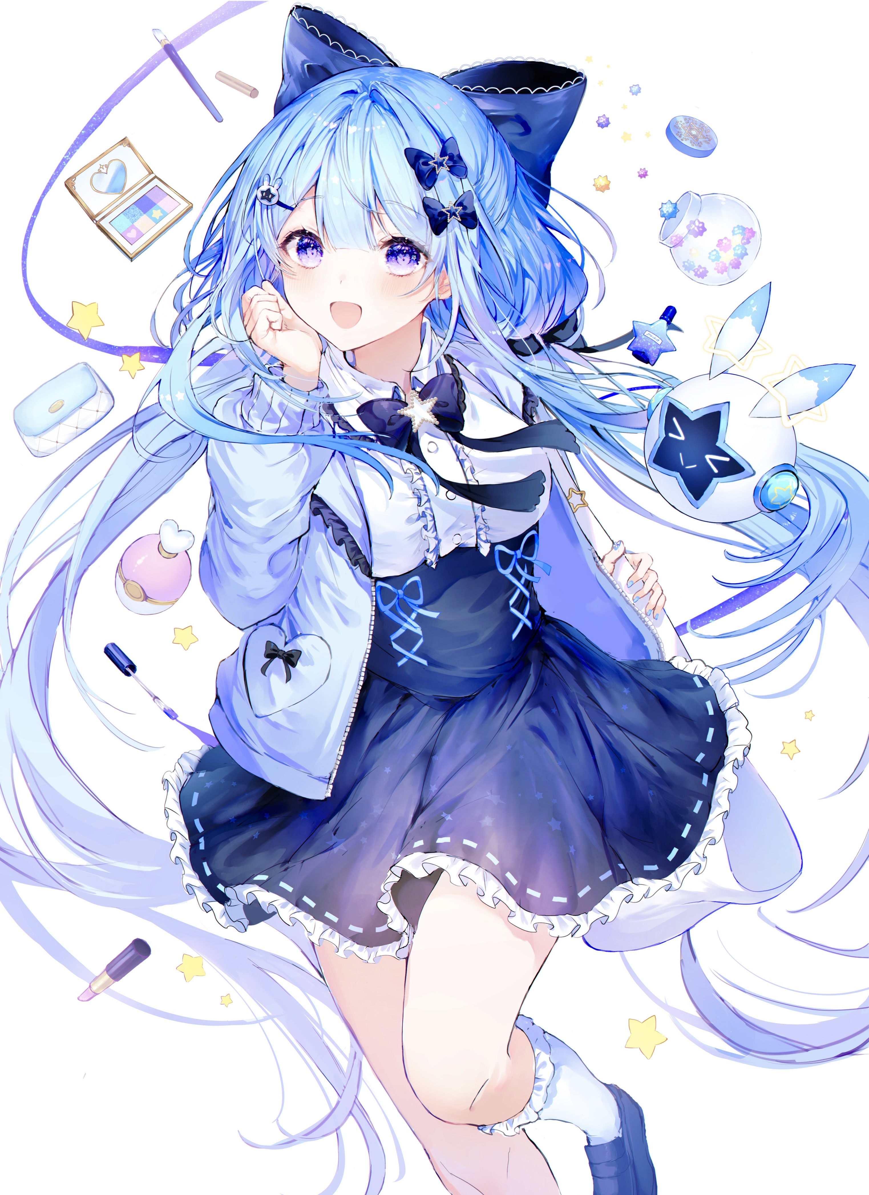Anime 3046x4186 anime anime girls portrait display long hair blue hair blue eyes bow tie white background simple background minimalism lipstick stars looking at viewer