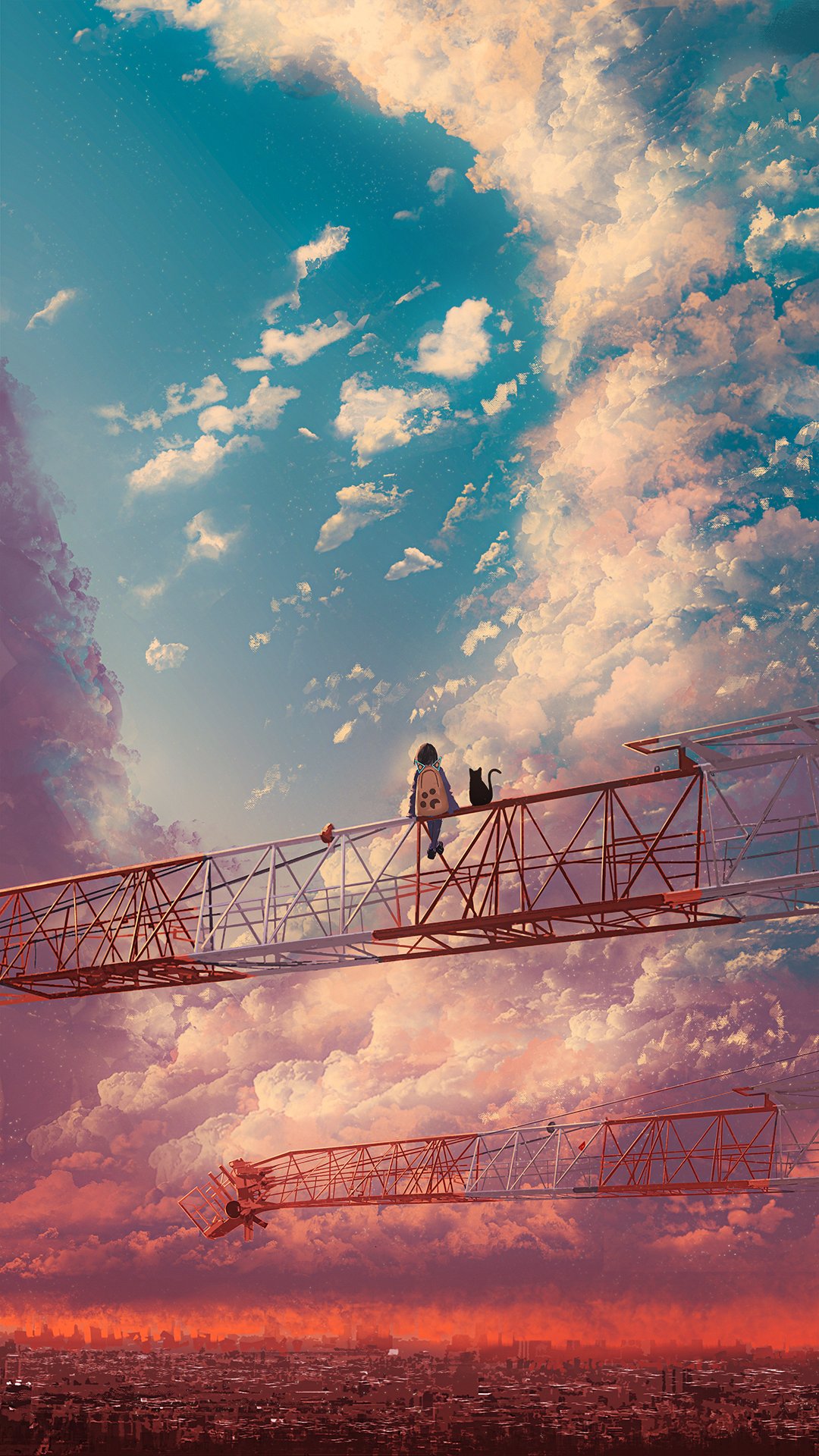 Anime 1080x1920 Chocoshi women outdoors anime girls portrait display rear view backpacks clouds horizon sky cityscape sunset sitting bag city animals cumulus truss wide angle sunset glow