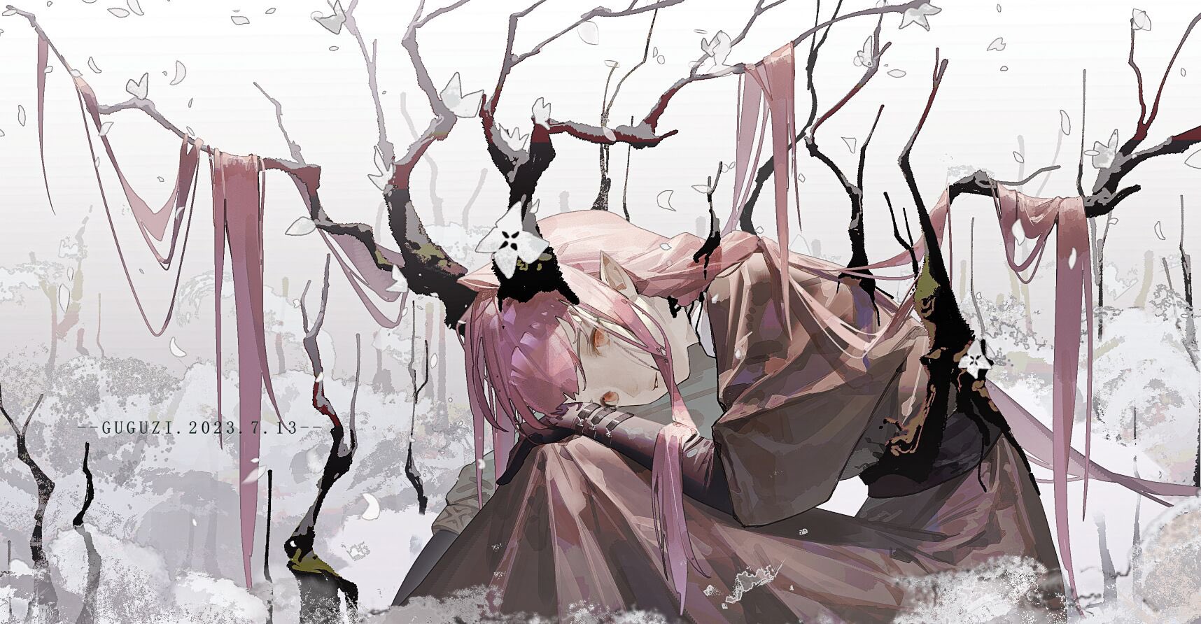 Anime 1716x892 anime girls pink hair antlers long hair looking at viewer signature pointy ears pink eyes petals trees