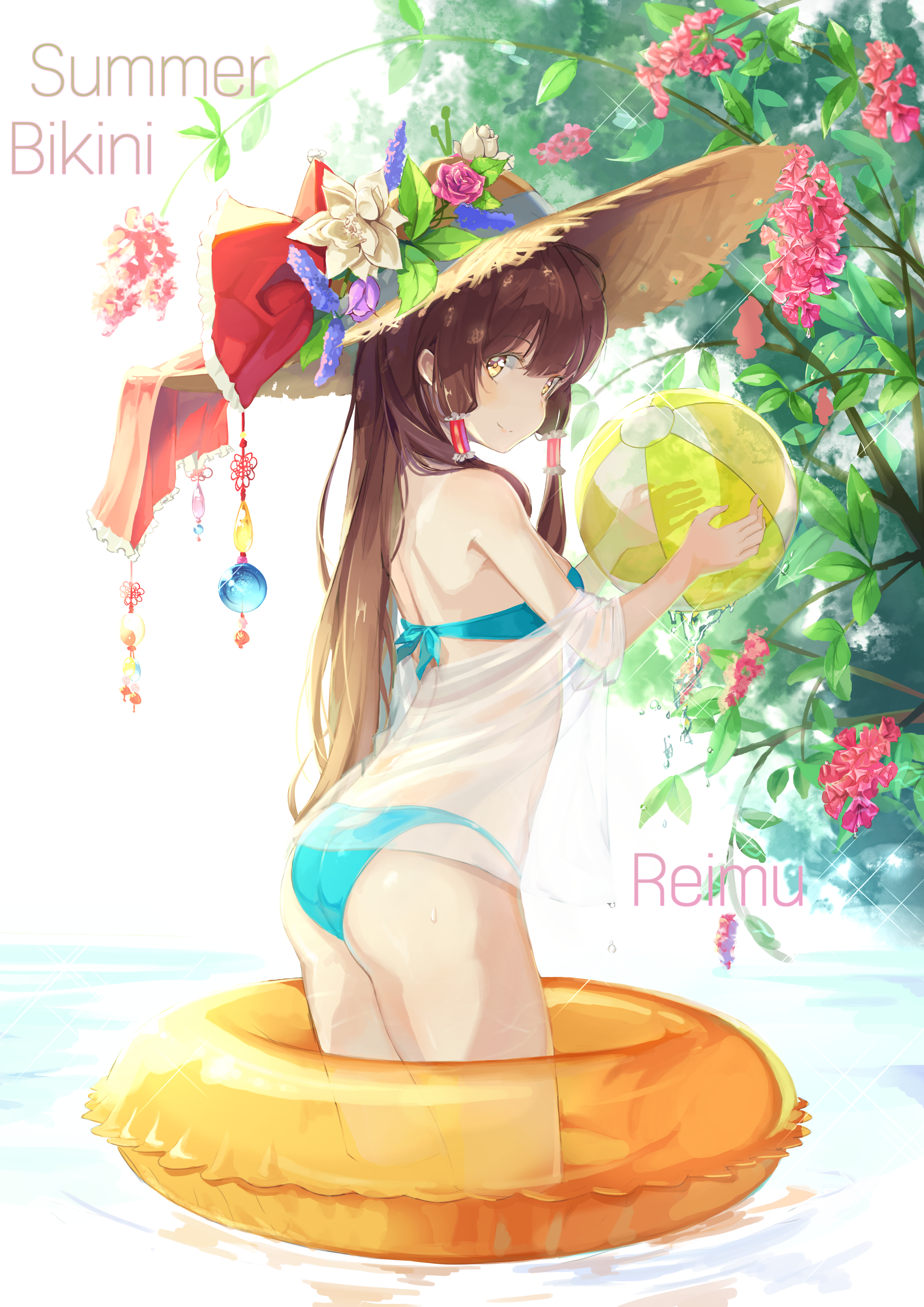 Anime 2480x3508 Touhou Hakurei Reimu anime girls portrait display simple background hat white background water minimalism straw hat sun hats blue bikini looking at viewer ass looking sideways ball looking back pink flowers see-through clothing solo flowers beach ball brunette floater dampi yellow eyes water drops sparkles twintails swimwear blue swimsuit long hair thighs standing in water leaves gradient hair
