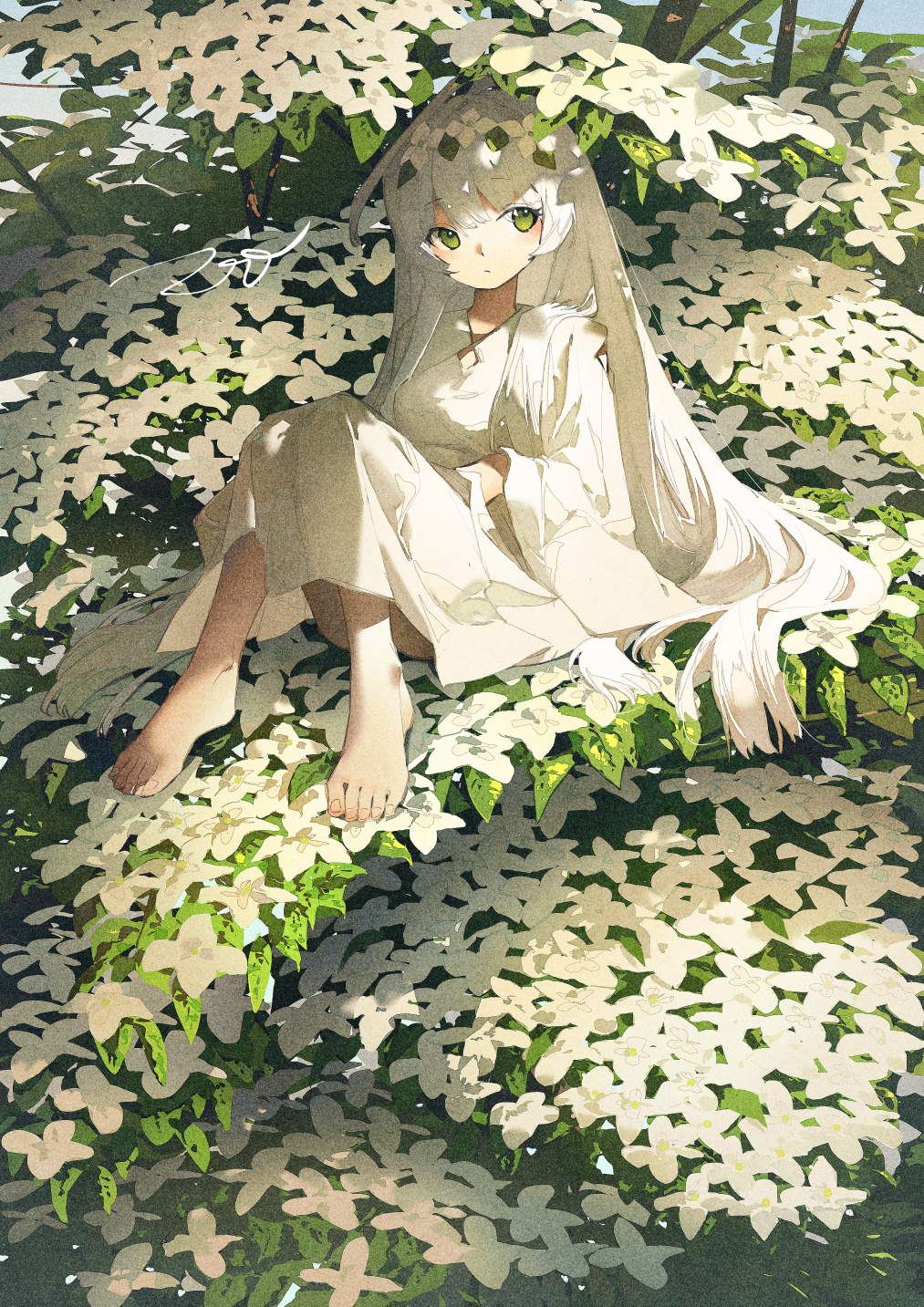 Anime 1013x1433 Potg Pixiv anime girls portrait display long hair looking at viewer flowers feet sitting