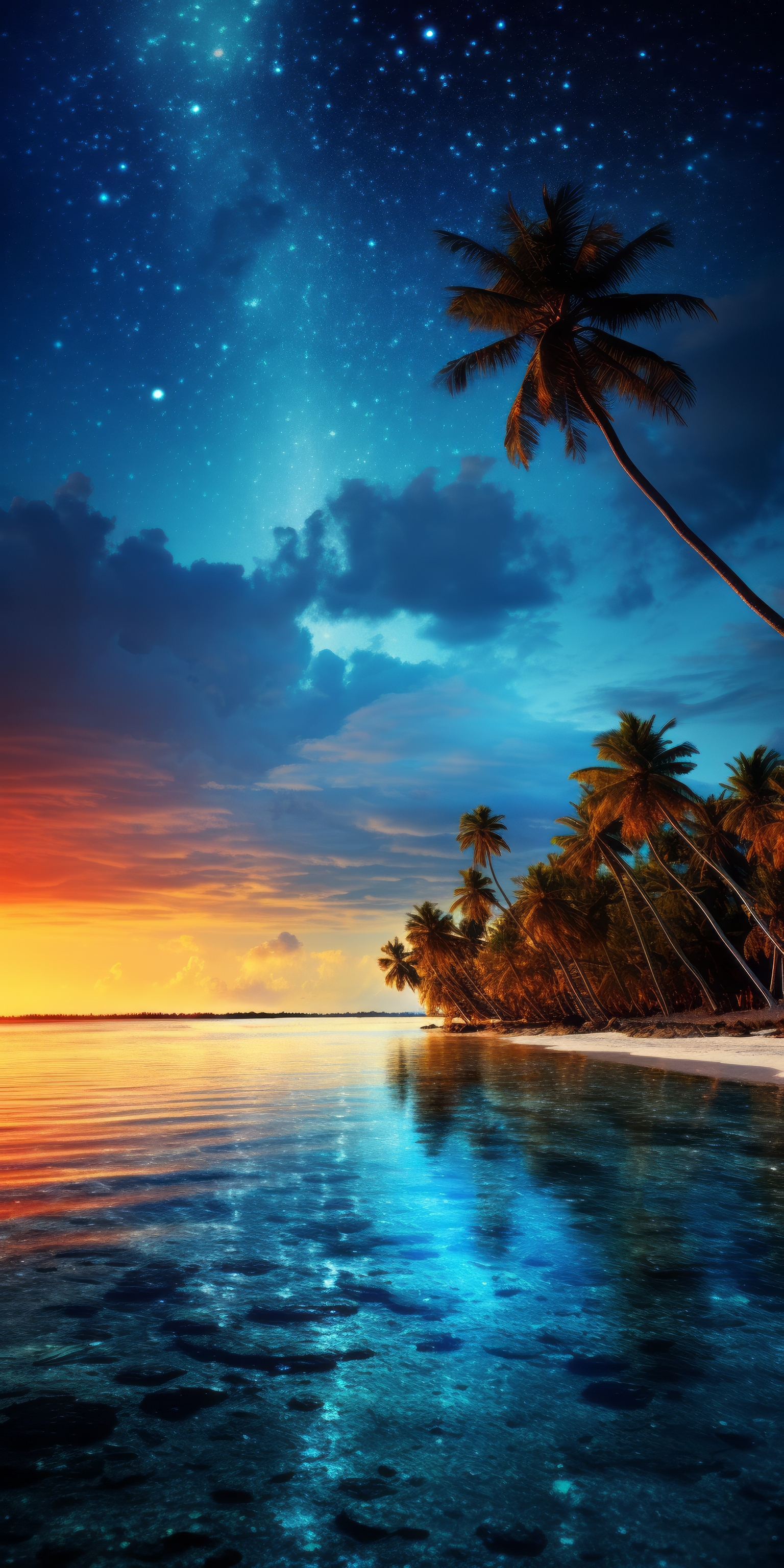 General 1536x3072 AI art portrait display Maldives sunset clouds sea palm trees digital art sunset glow sky stars water reflection sand