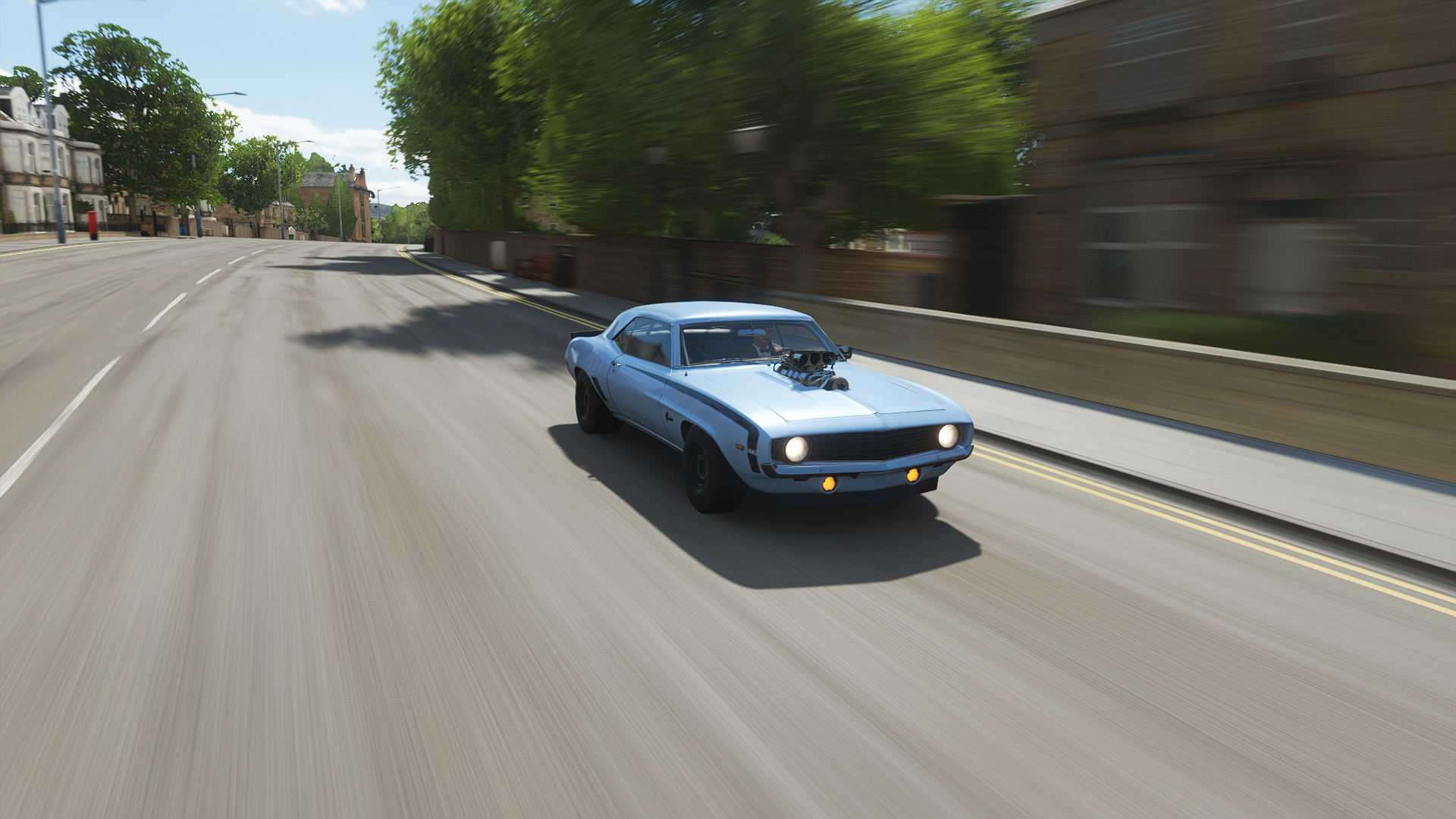 General 1920x1080 Forza Forza Horizon Forza Horizon 4 racing car CGI 1969 Chevrolet Camaro SS road video games frontal view headlights trees blurred blurry background sky clouds Chevrolet PlaygroundGames muscle cars American cars