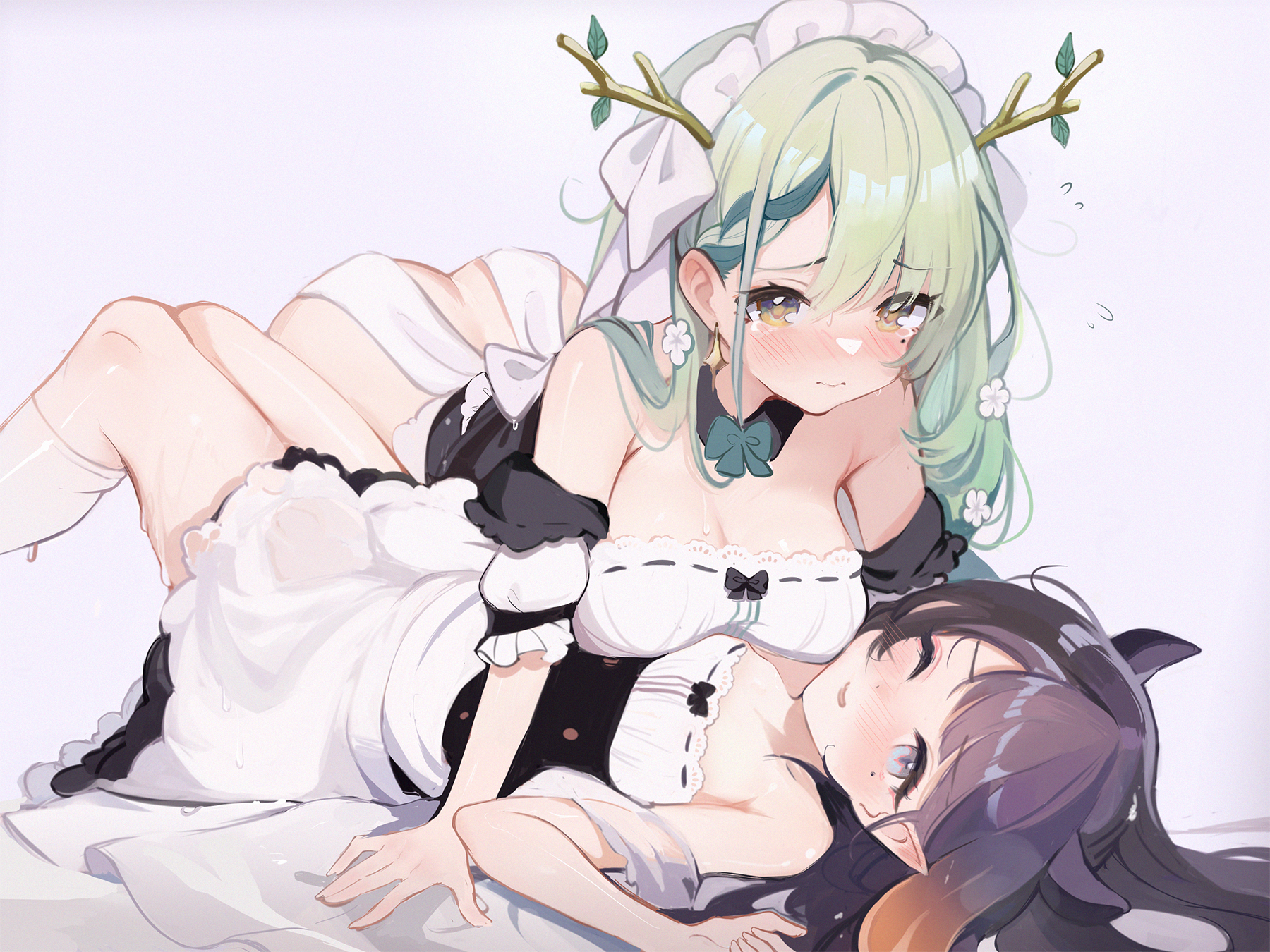 Anime 1800x1350 anime anime girls Hololive English Ceres Fauna Ninomae Ina'nis boobs Virtual Youtuber bent over white background simple background long hair blushing flower in hair butt crack boobs on boobs lying down lying on back one eye closed moles mole under eye pointy ears