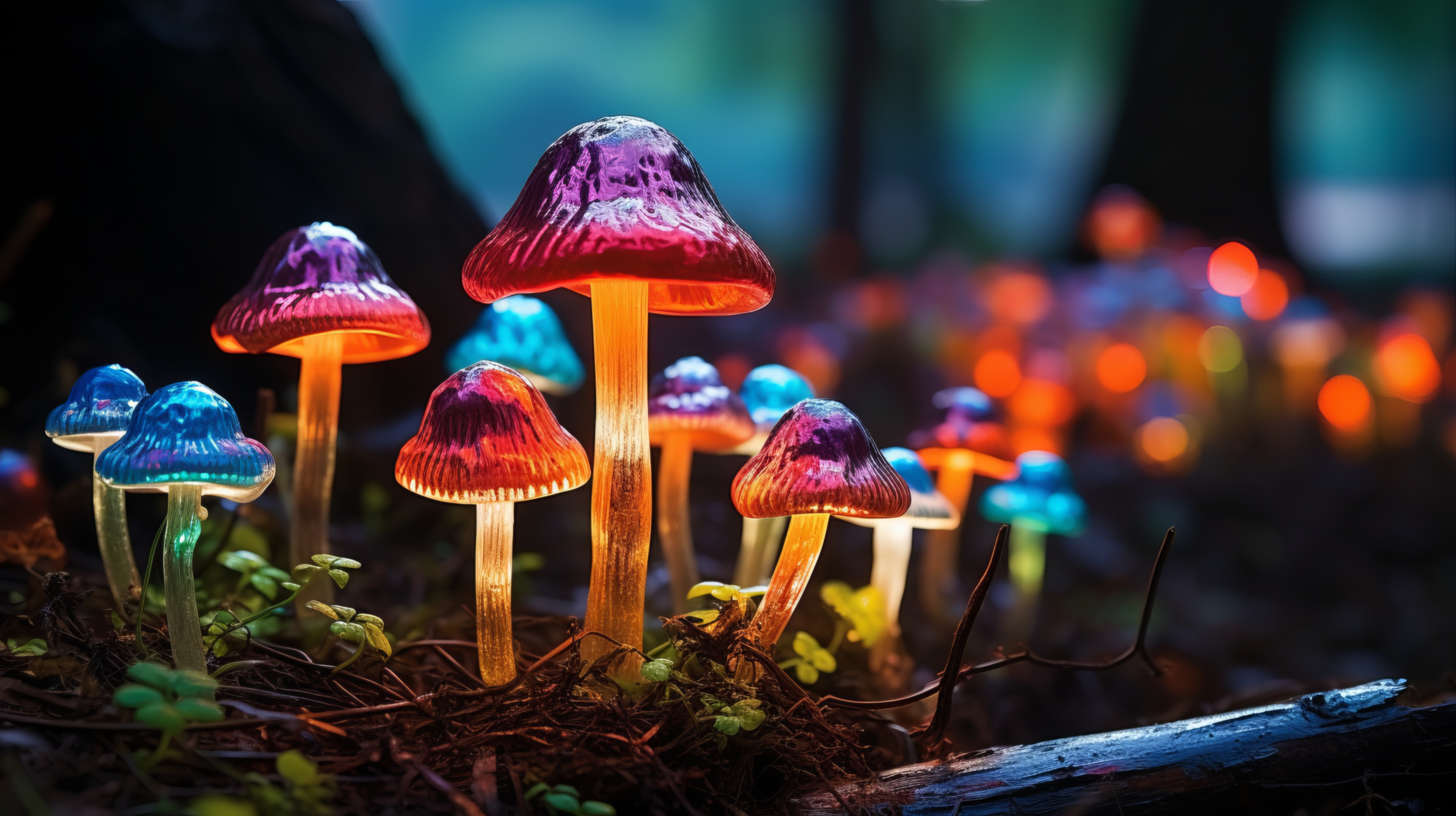General 2912x1632 AI art mushroom glowing bokeh blurred blurry background digital art nature closeup