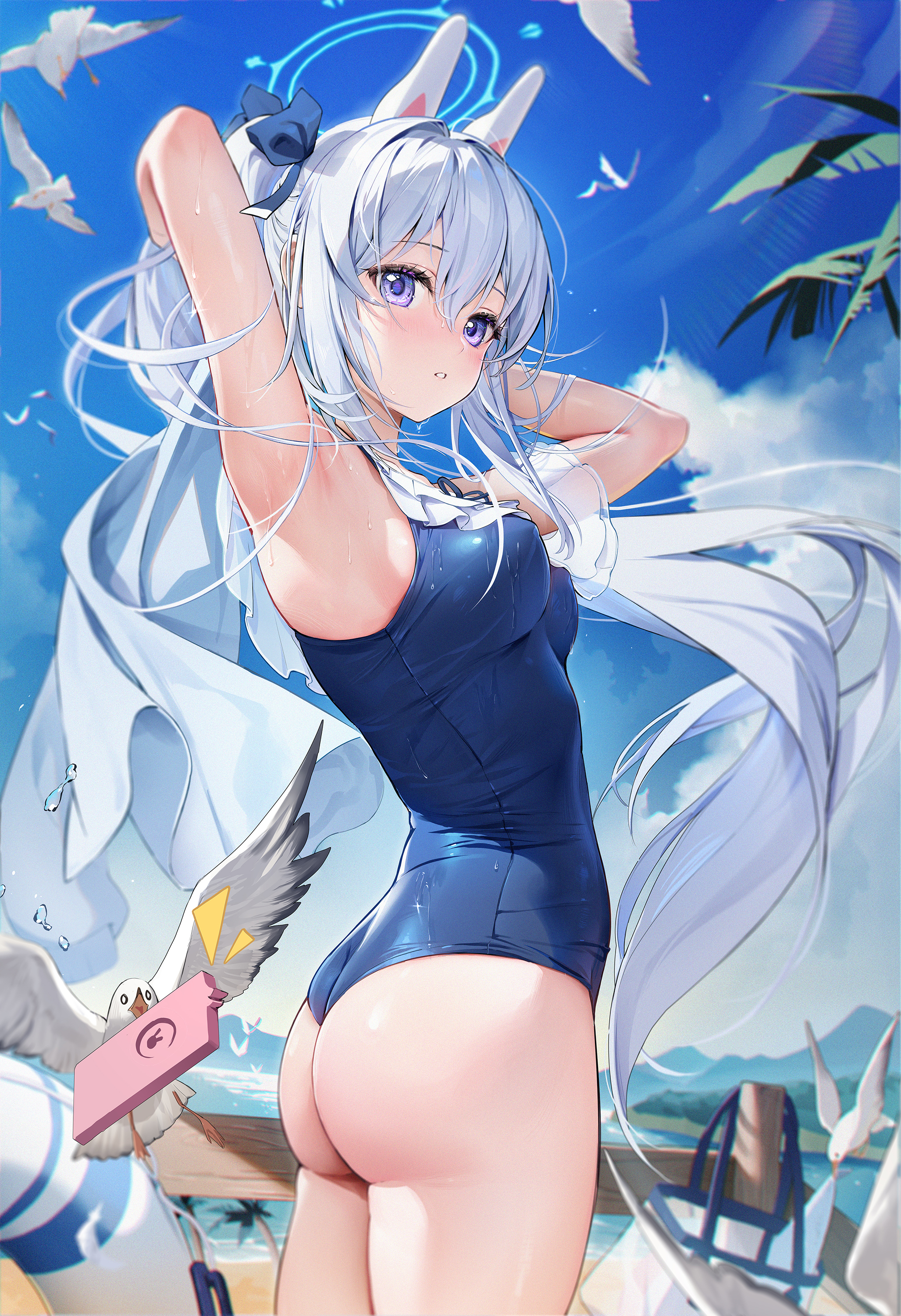 Anime 2055x3000 Blue Archive swimwear Tsukiyuki Miyako water anime girls portrait display one-piece swimsuit clouds wet swimsuit long hair purple hair seagulls sky looking at viewer white hair big boobs birds palm trees blue swimsuit beach wet body animal ears armpits looking back ass hair ornament smartphone phone thighs life preserver Houkiboshi floater water drops bag blushing animals hair ribbon sunlight