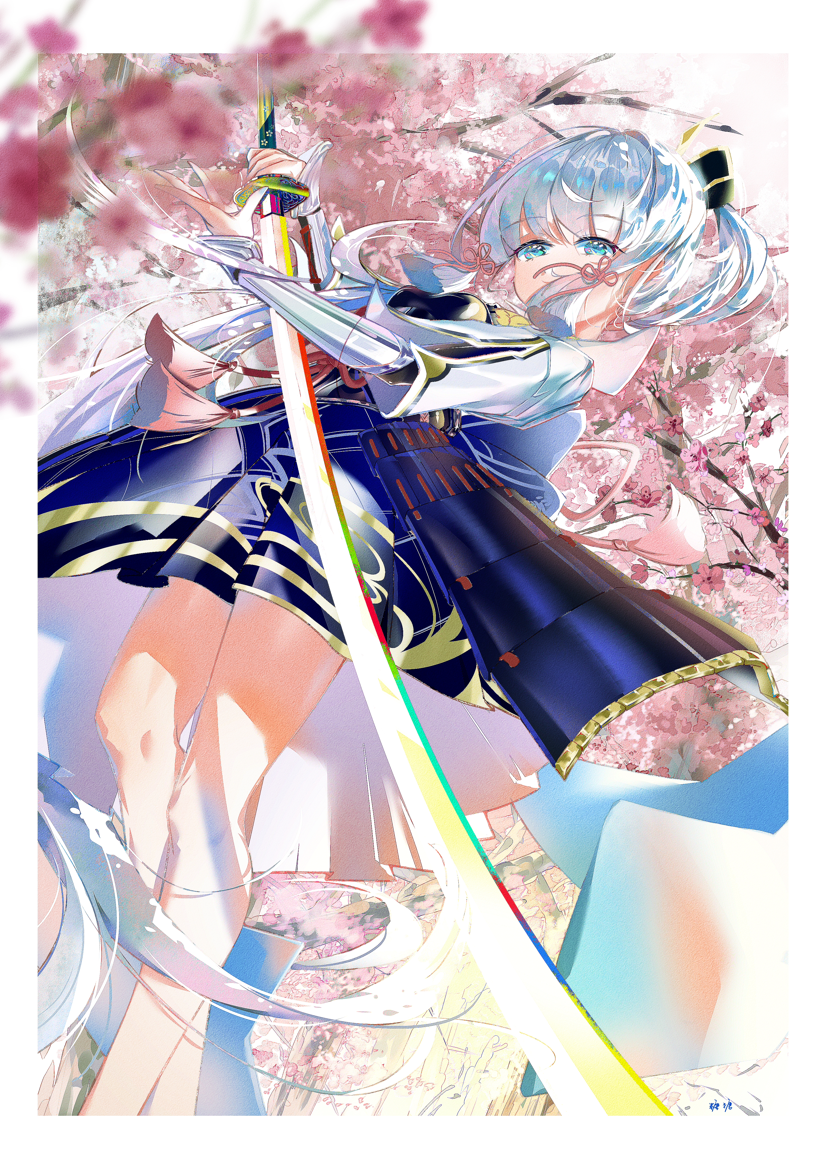 Anime 3184x4503 anime anime girls Kamisato Ayaka (Genshin Impact) Genshin Impact sword portrait display long hair blue hair blue eyes looking at viewer weapon