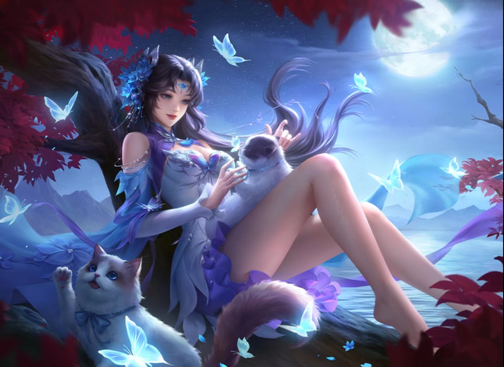 Anime 1677x1220 anime anime girls sanguosha long hair Three Kingdoms dress video game characters sky video game art clouds Moon moonlight butterfly animals insect water feet sitting night cats