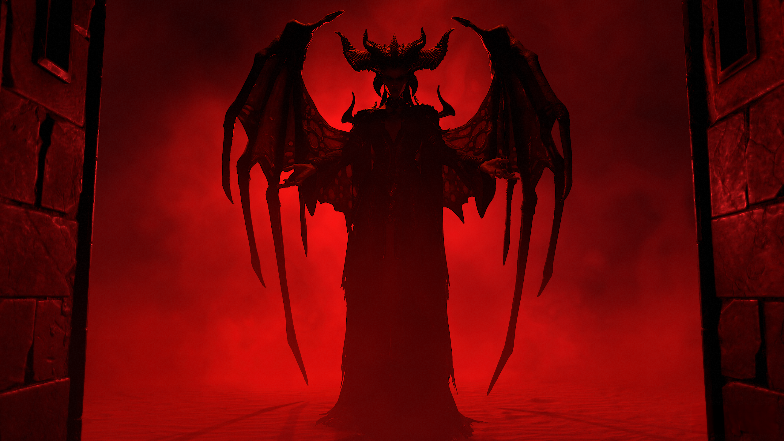 General 2560x1440 video games Diablo IV red background Diablo video game characters Lilith (Diablo) horns standing video game art wings digital art Blizzard Entertainment