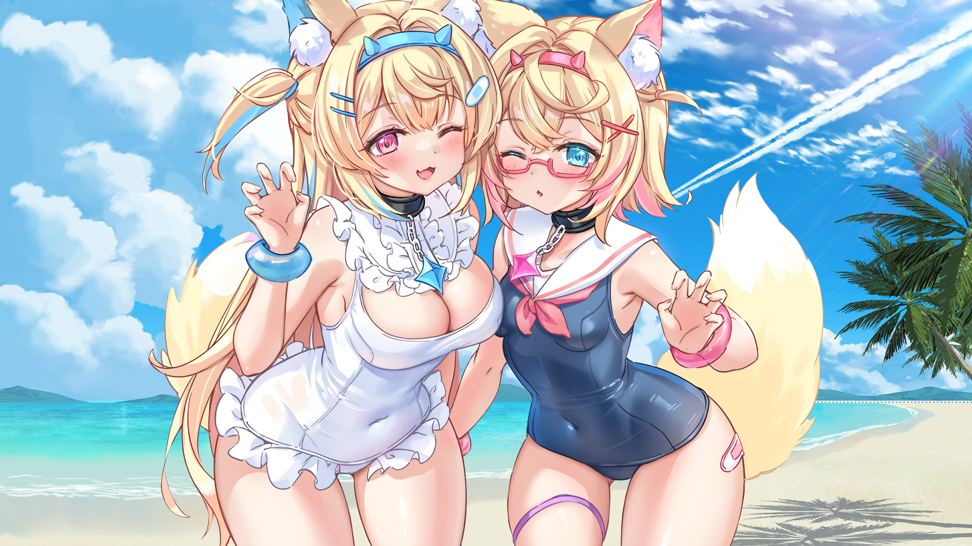 Anime 1920x1080 FUWAMOCO Hololive Virtual Youtuber swimwear glasses boobs tail anime girls beach one-piece swimsuit clouds sky looking at viewer one eye closed water palm trees dog girls animal ears cleavage two tone hair Band-Aid bright
