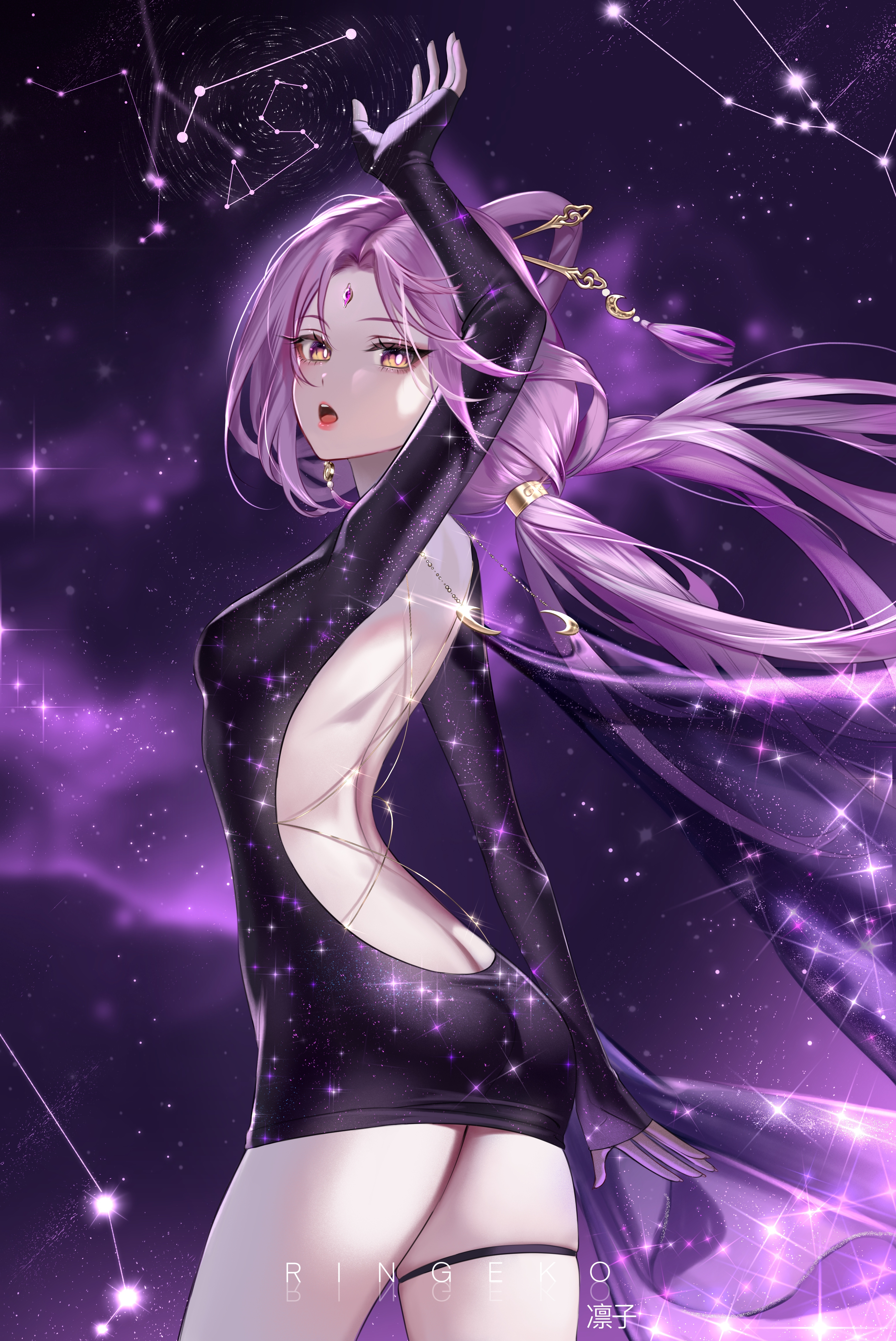 Anime 4649x6955 Honkai: Star Rail dress portrait display anime girls Fu Xuan(Honkai: Star Rail) black dress minidress black minidress thighs shiny clothing long hair purple hair watermarked jewelry Ringeko-Chan standing one arm up looking at viewer back backless dress sparkles open mouth long sleeves thigh strap yellow eyes constellations butt crack stars no bra nopan looking back Japanese ass