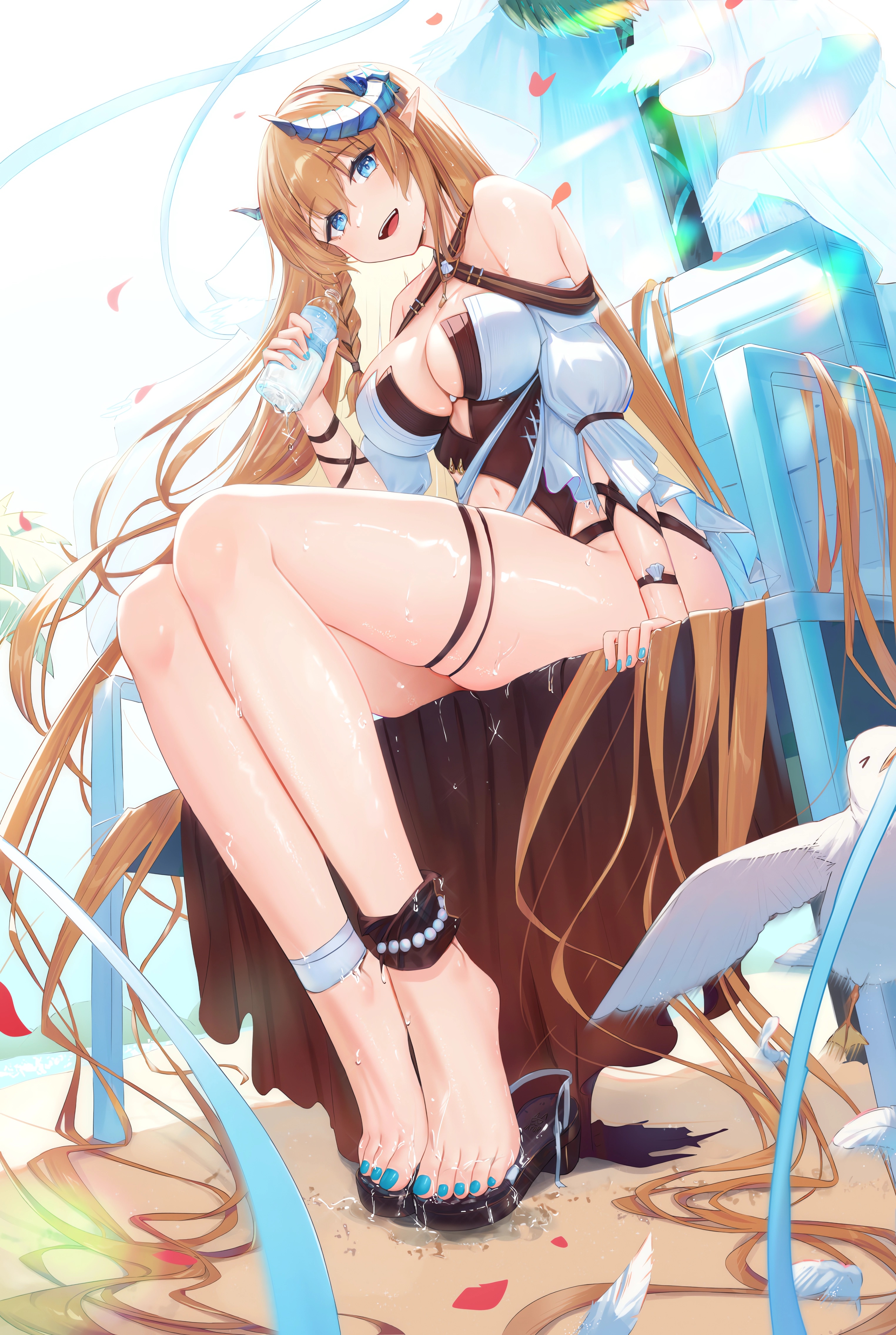 Anime 3048x4542 anime anime girls big boobs Arknights Saileach(Arknights) sitting feet looking at viewer blonde water bottle open mouth blue eyes horns petals wet braids portrait display long hair wet body