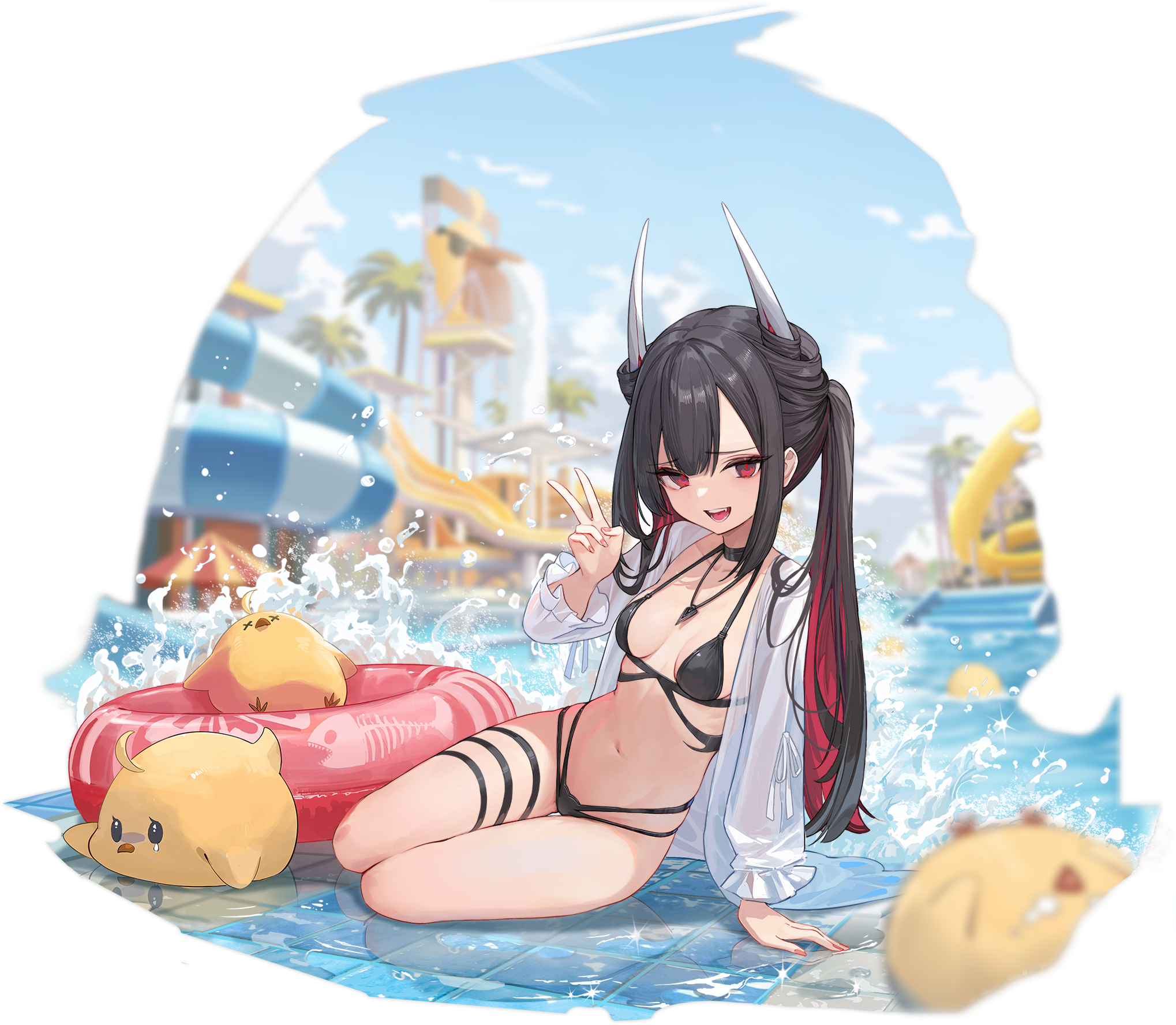 Anime 2038x1776 Azur Lane anime girls bikini swimwear two tone hair floater twintails long hair water looking at viewer smiling horns sky clouds peace sign reflection palm trees Waterpark necklace small boobs open mouth Manjuu (Azur Lane) Hatsuzuki (Azur Lane)