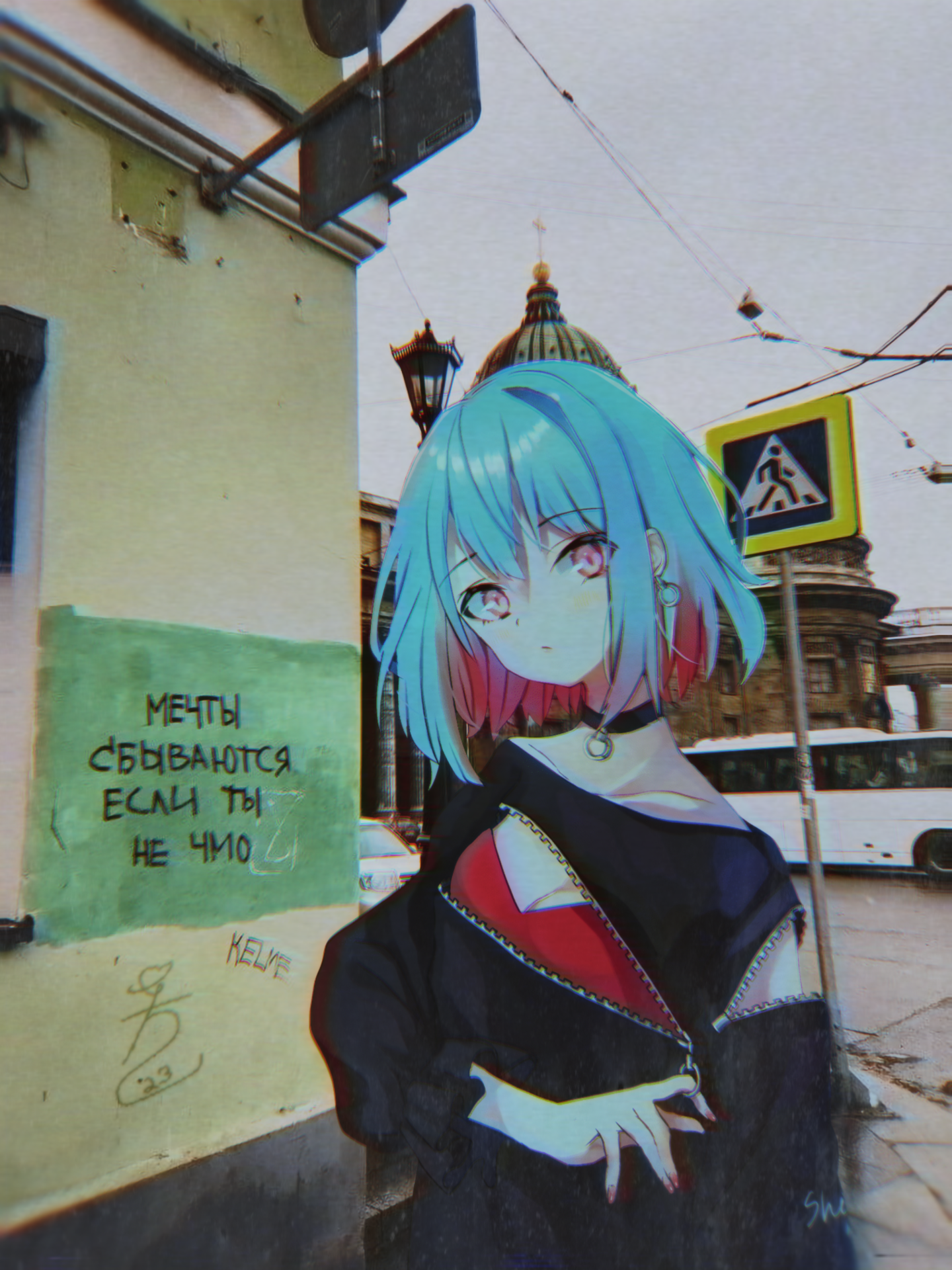 Anime 1440x1920 animeirl black dress blue hair church anime girls short hair collar looking at viewer portrait display Russian signature two tone hair sign earring