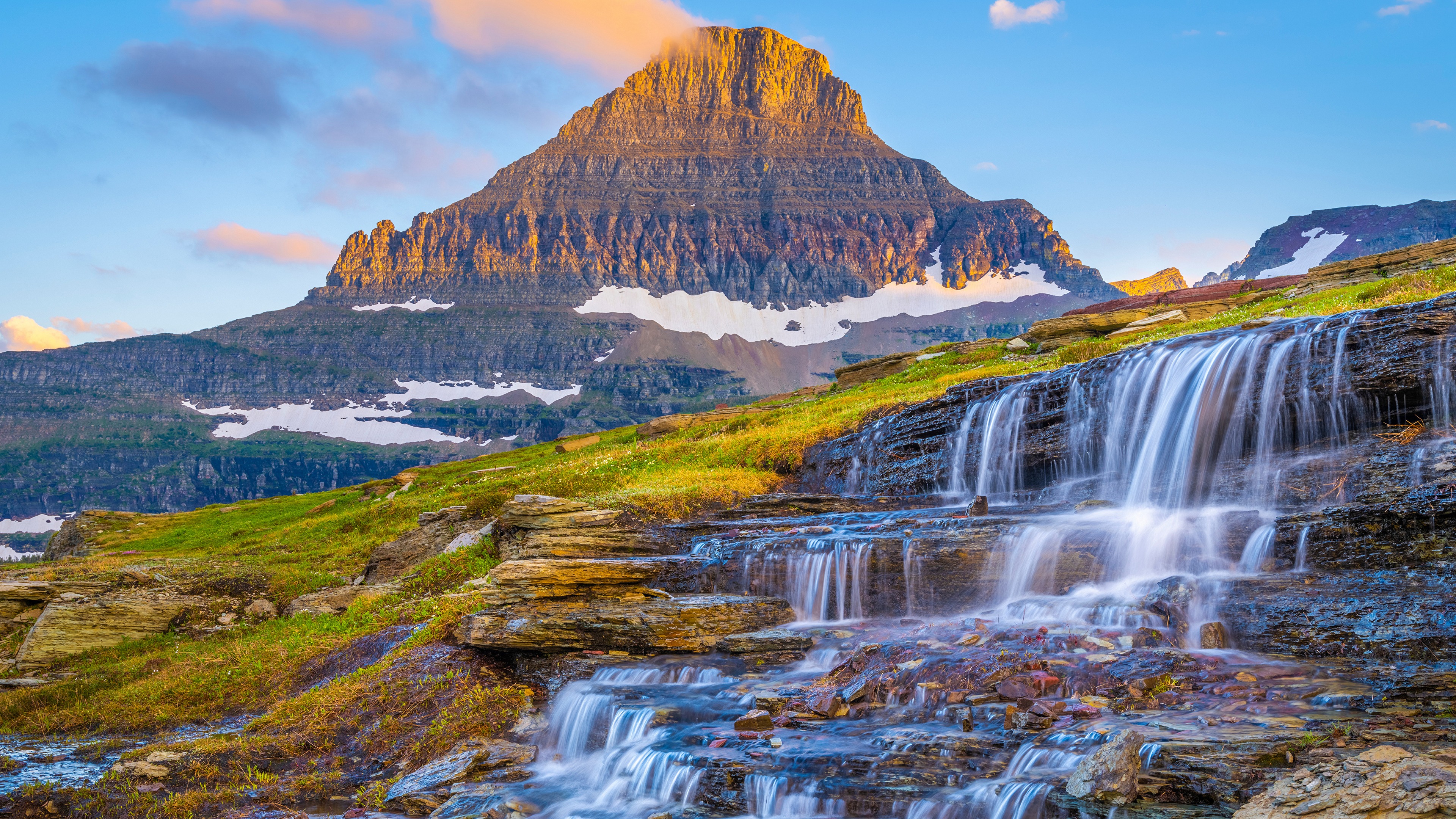 General 3840x2160 nature landscape USA mountains sky waterfall rocks snow sunset glow water clouds