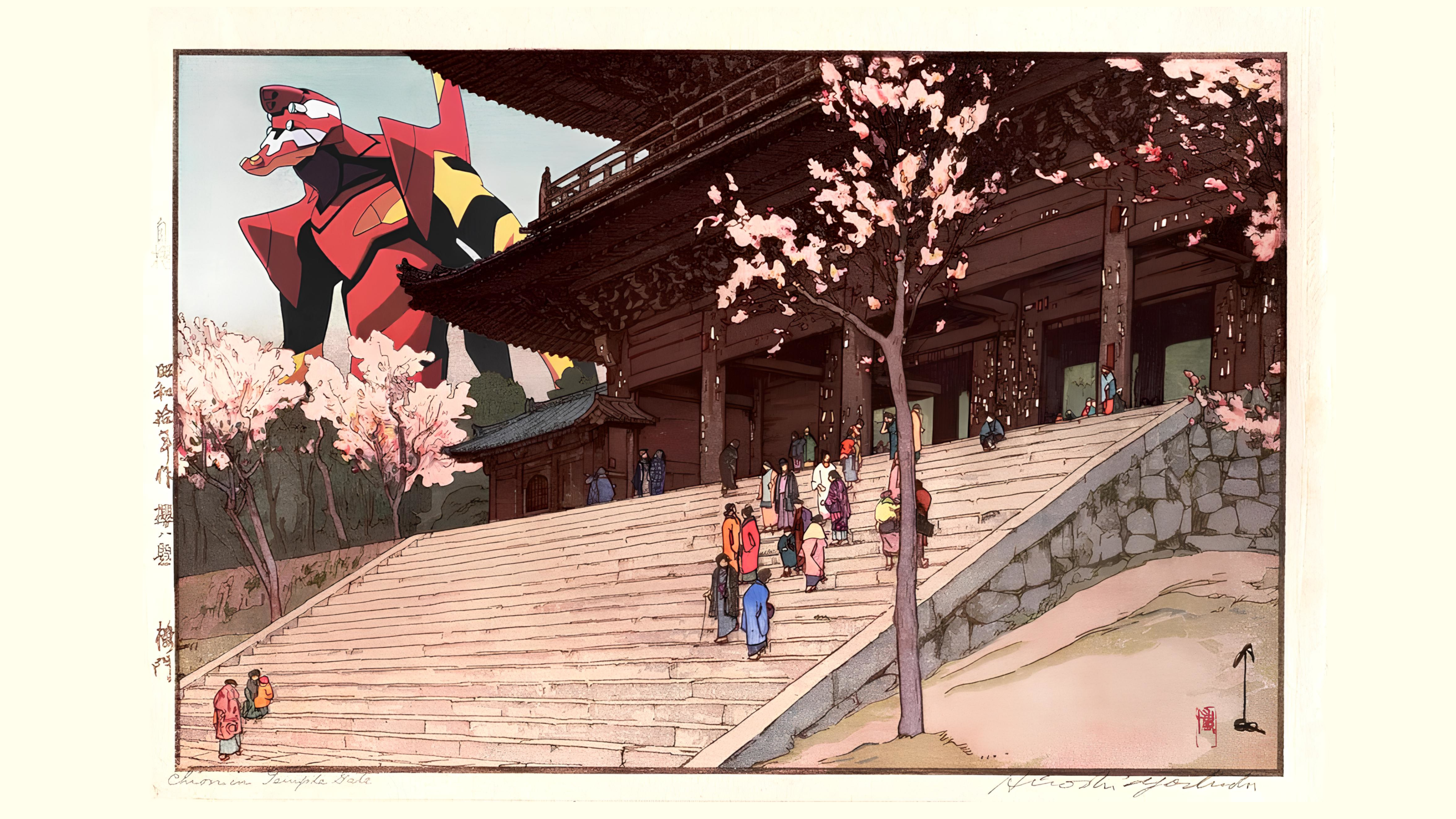 Anime 3840x2160 Neon Genesis Evangelion robot traditional art painting Japan trees stairs climbing stairs clear sky red white giant Giant Robot nature castle Japanese Art pagoda hieroglyphs kanji