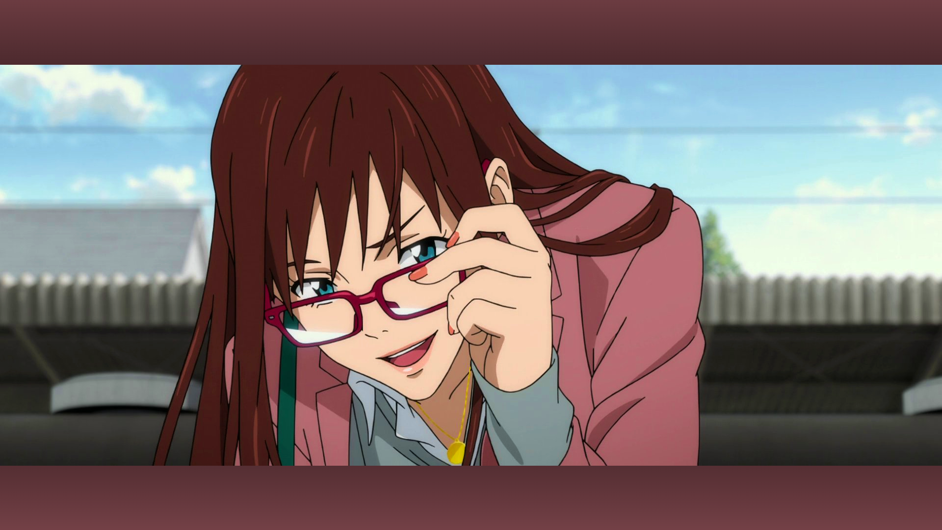 Anime 1920x1080 Anime screenshot Neon Genesis Evangelion Rebuild of Evangelion Evangelion: 3.0 + 1.0 Thrice Upon a Time glasses brunette blue eyes jacket open mouth bangs touching glasses bag pink nails colored nails blunt bangs anime girls looking at viewer smiling sky women with glasses clouds long hair