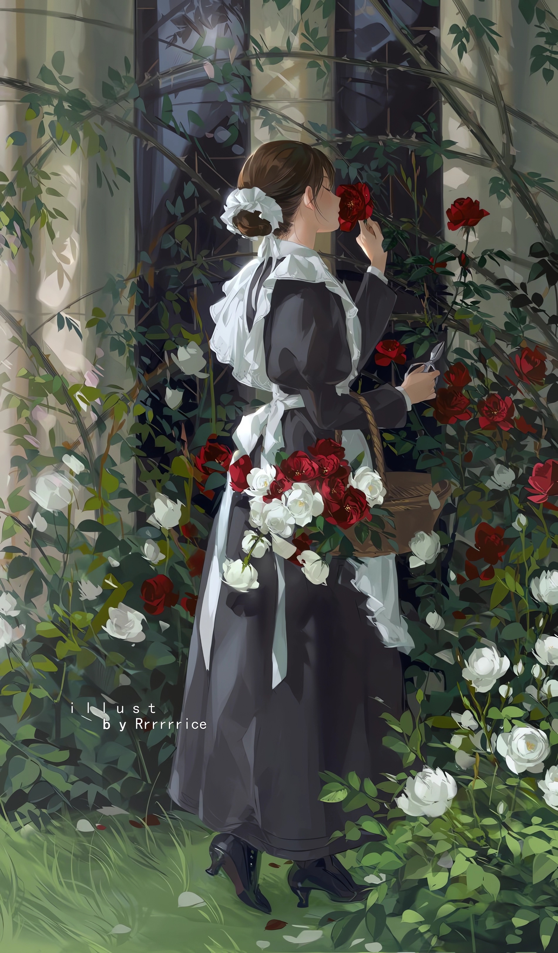Anime 1900x3246 anime anime girls maid maid outfit leaves signature flowers grass heels standing portrait display rose baskets closed eyes scissors