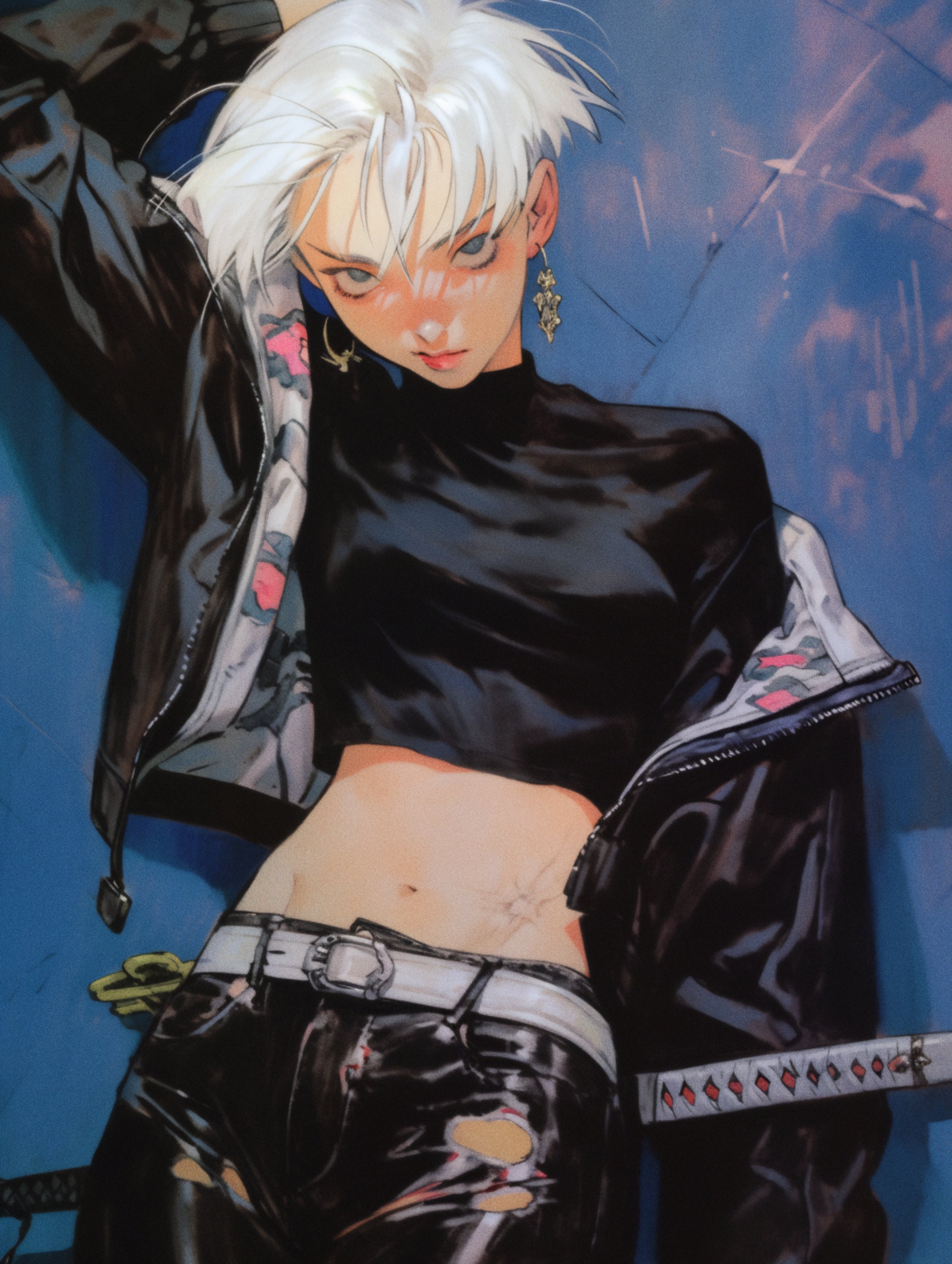 Anime 2468x3276 axynchro retro style anime girls portrait display earring weapon belly belly button looking at viewer short hair white hair blue eyes AI art
