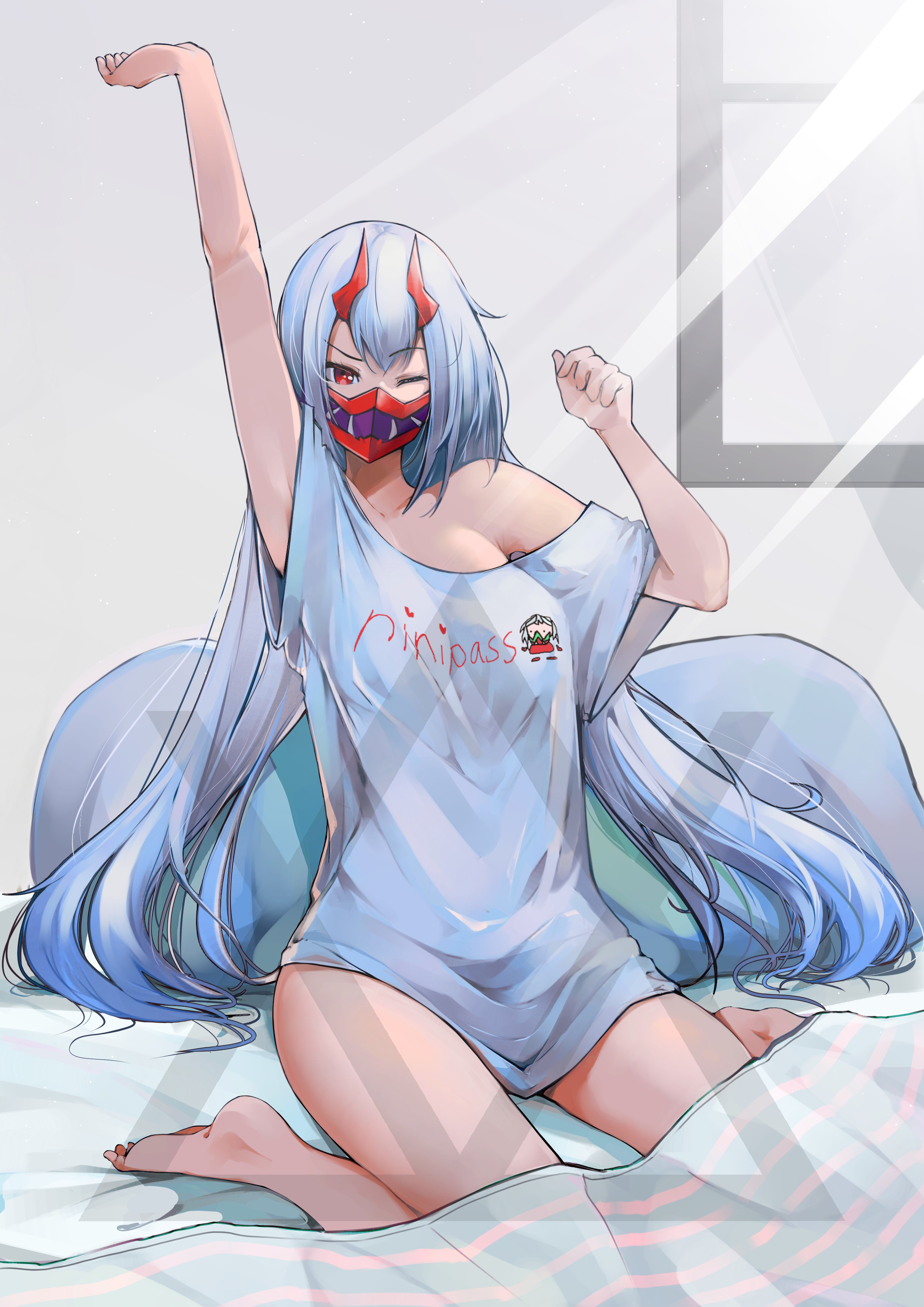 Anime 2480x3508 anime mask women anime girls long hair barefoot one eye closed arms up red eyes in bed portrait display sunlight looking at viewer blue hair stretching