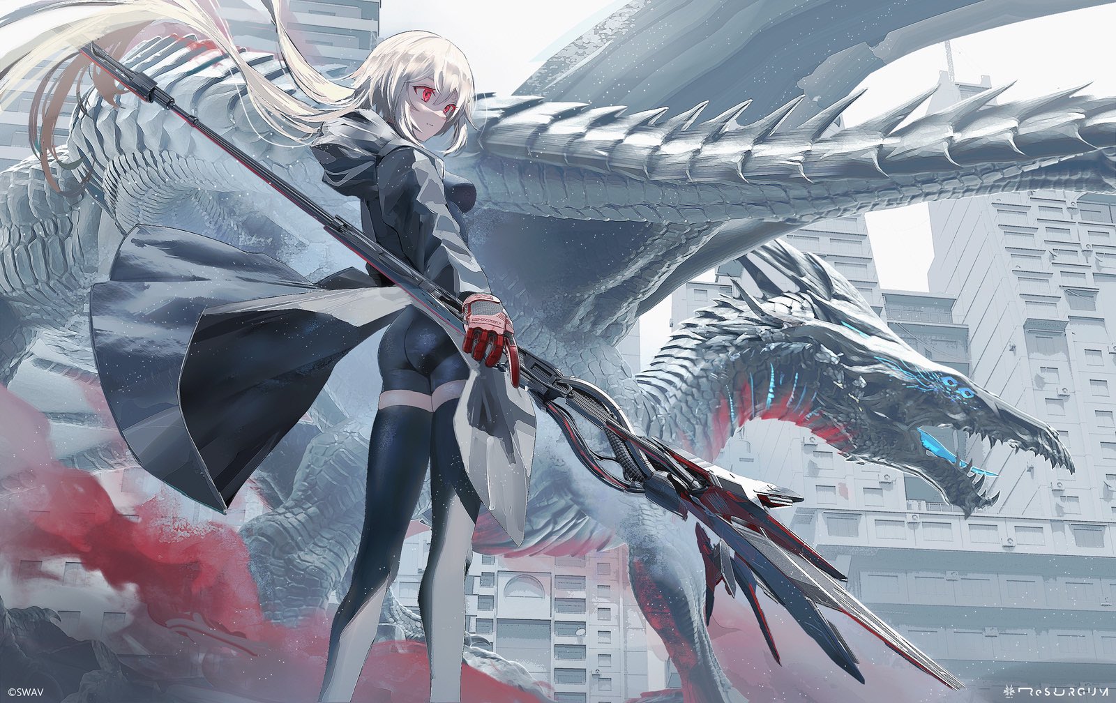 Anime 1600x1008 dragon SWAV anime girls lance weapon creature white hair red eyes standing stockings looking away building cape gloves long hair watermarked hair blowing in the wind