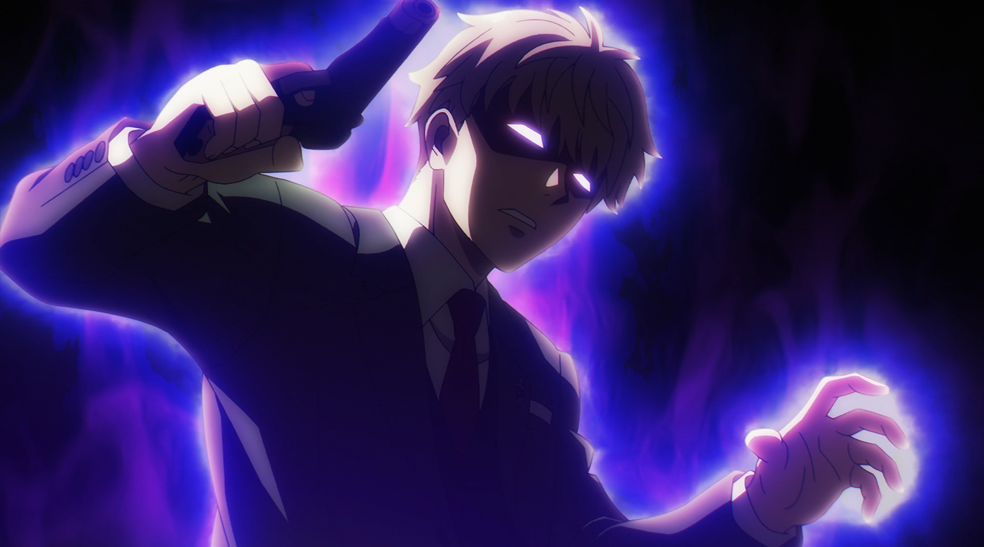 Anime 1917x1066 Spy x Family Loid Forger glowing eyes blonde gun purple background anime Anime screenshot anime boys boys with guns hands angry tie suit and tie