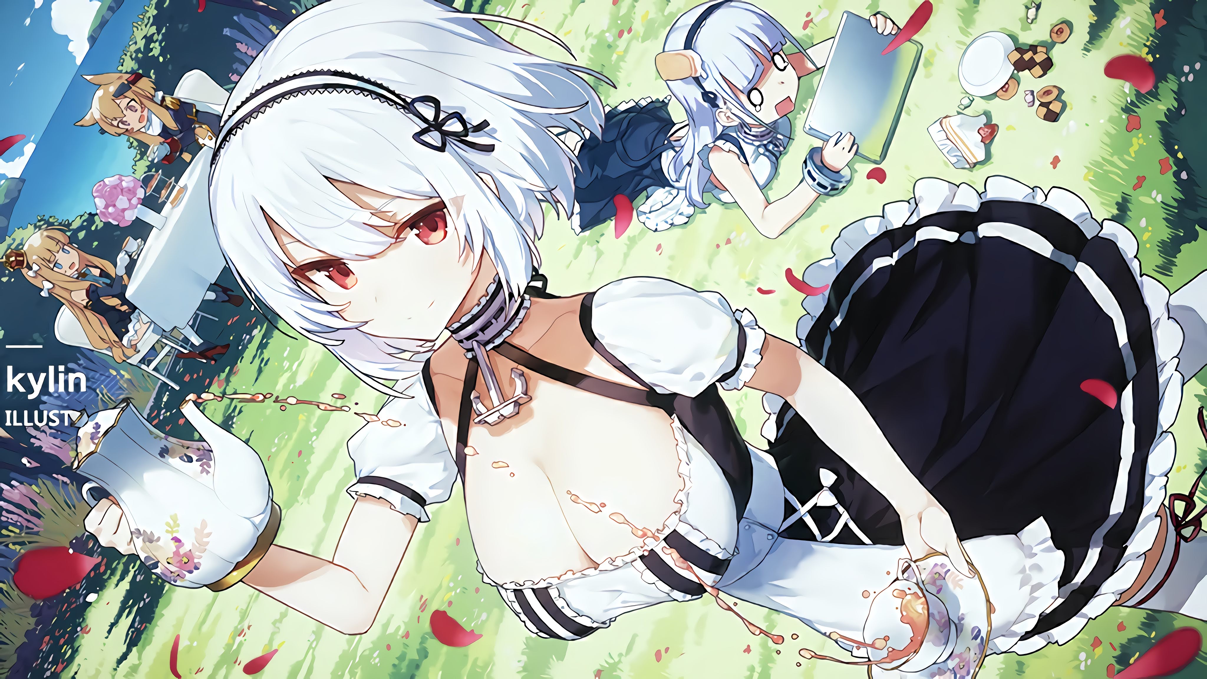 Anime 4096x2304 Sirius (Azur Lane) smiling maid maid outfit Queen Elizabeth (Azur Lane) Warspite (Azur Lane) petals Dido (Azur Lane) grass anime girls tea cup drink looking at viewer cake cleavage big boobs plates cookies sweets clouds water table chair