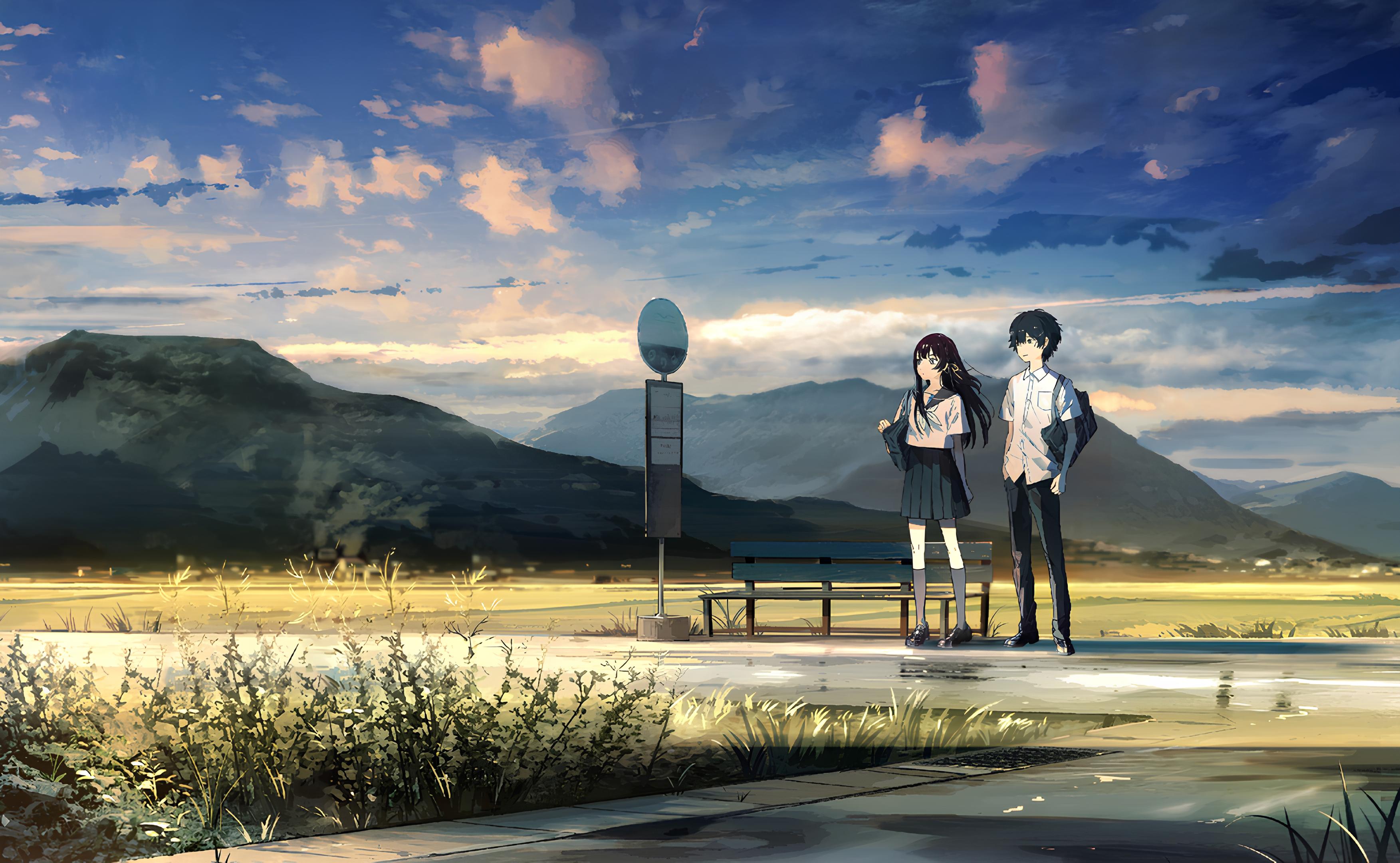 Anime 3506x2160 The Tunnel to Summer, the Exit of Goodbye dark hair people sea mountains sky anime boys anime girls schoolgirl school uniform schoolboys clouds bus stop bench leaves looking away hands in pockets grass