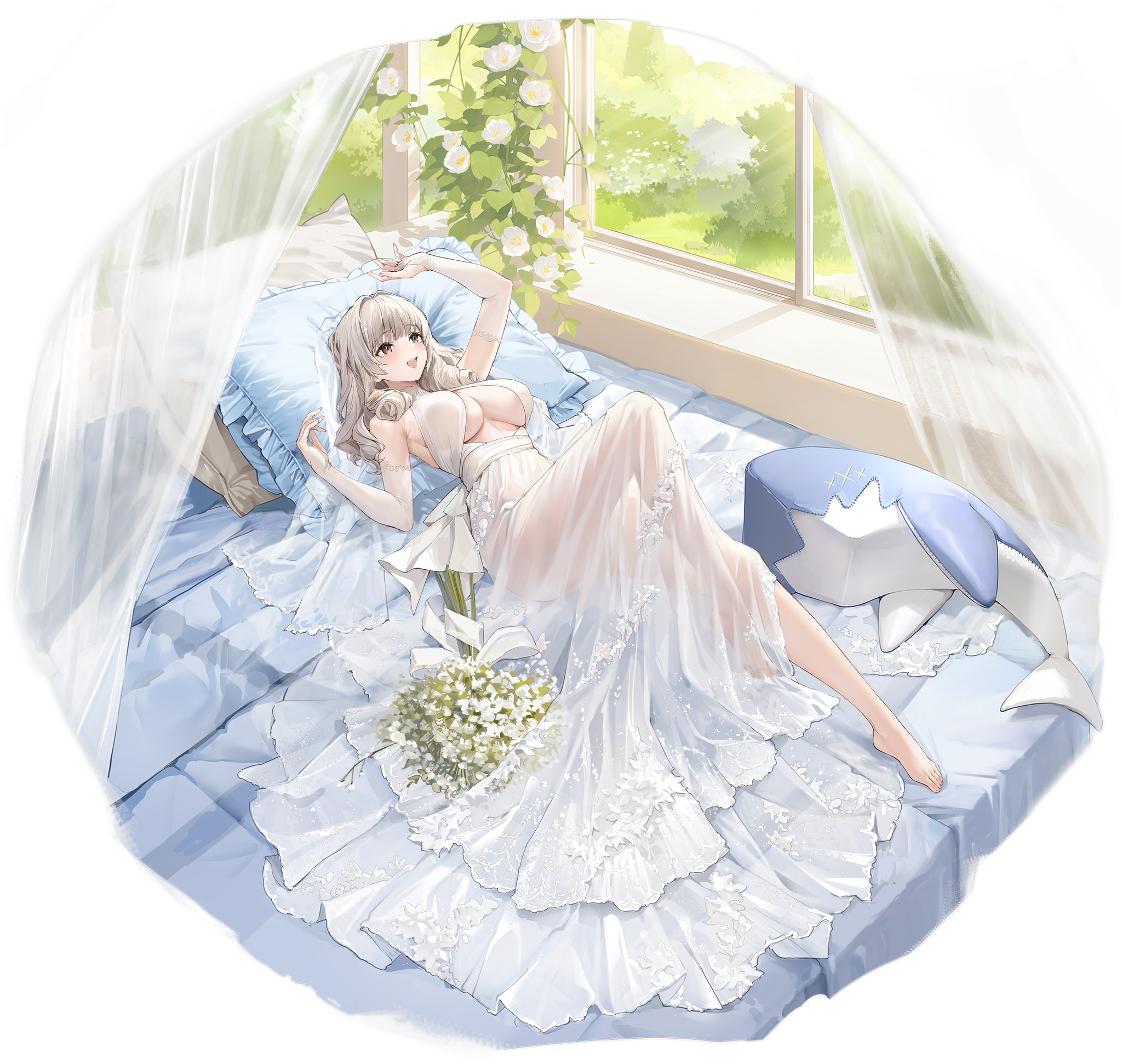 Anime 2048x1942 Azur Lane lying down anime girls wedding dress Luetzow (Azur Lane) dress lying on back gray hair long hair big boobs looking up high angle veils simple background transparent background wedding attire bouquets flowers white flowers see-through dress in bed open mouth elbow gloves bridal veil gray eyes window white dress Hougu Souji smiling pillow barefoot