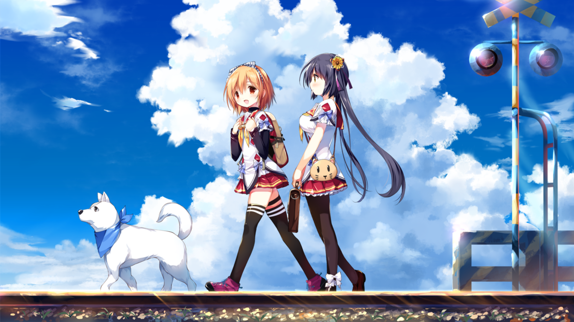 Anime 1918x1077 Camus In The Blue Sky sky galgame anime girls walking clouds schoolgirl school uniform blushing sunlight dog animals scarf